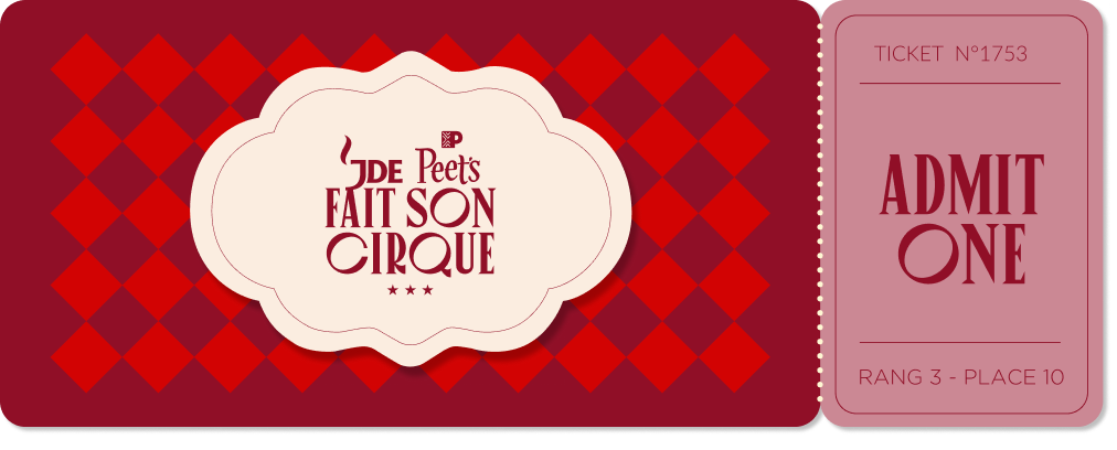 billet de spectacle pour le spectacle de cirque 'De Peet's Fait Son Cirque' avec un motif à losanges rouges et noirs, et une mention 'Admit One' sur le côté droit.