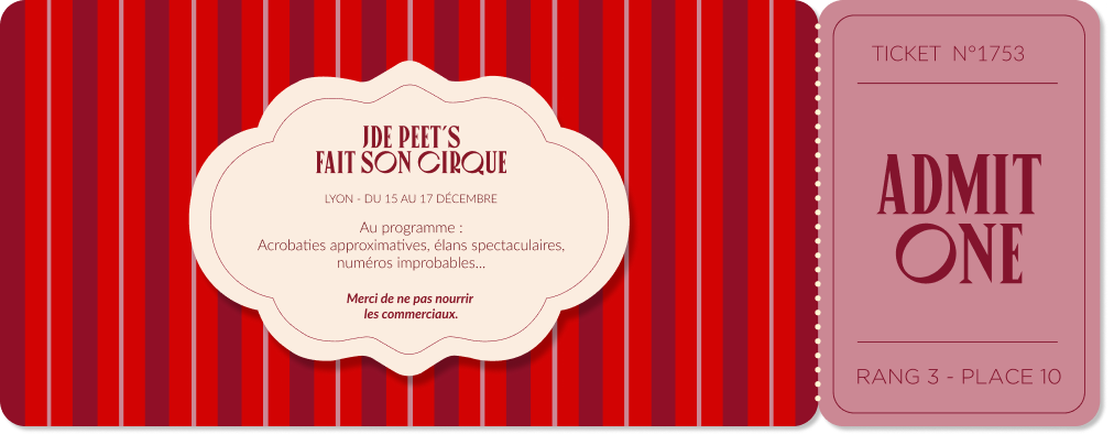 Billet de spectacle pour le cirque à Lyon avec acrobaties et numéros spectaculaires, tickets au format vertical avec fond rouge rayé, inclus une invitation et un coupon d'entrée.