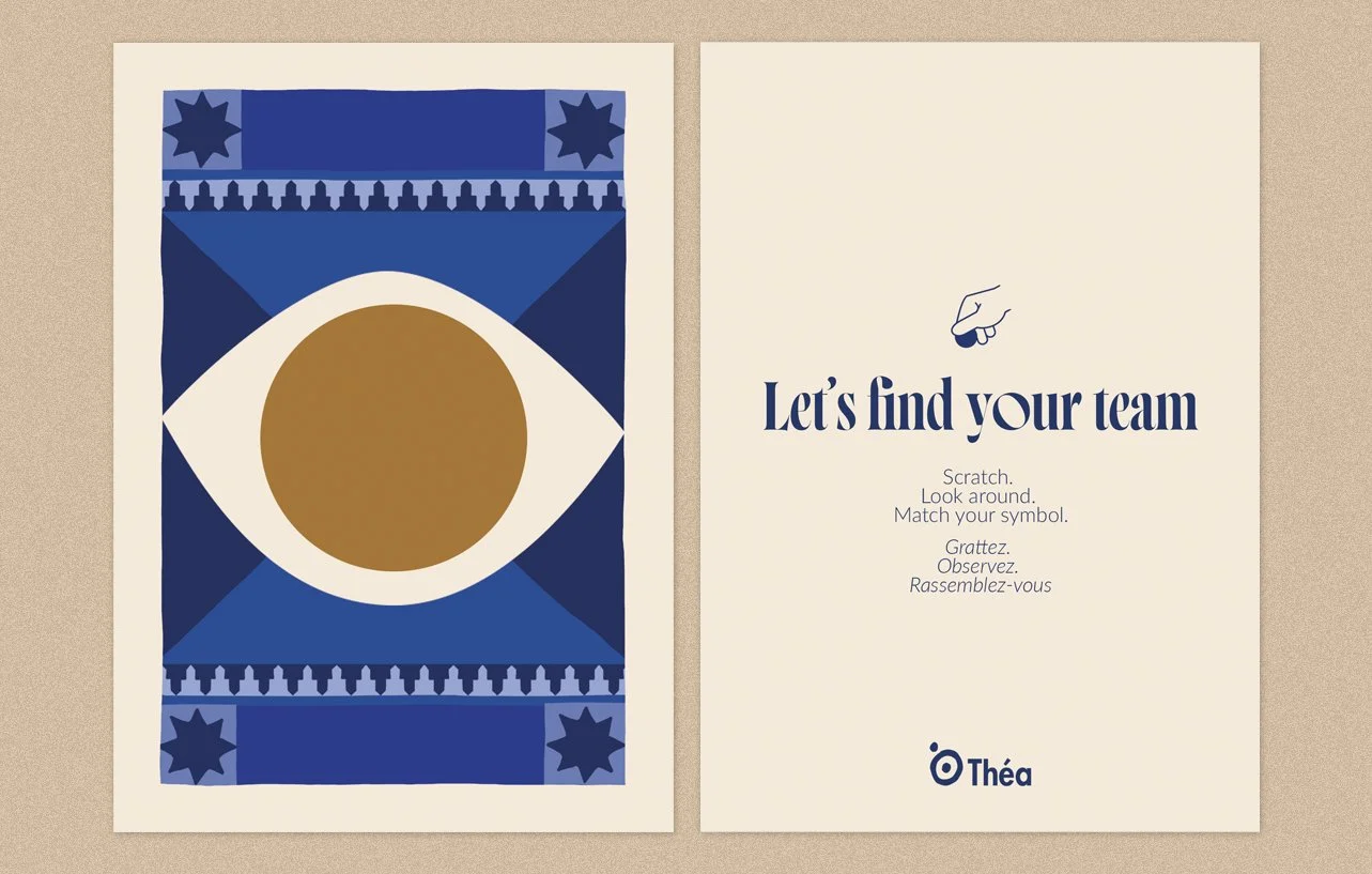 Une affiche pour un jeu ou une activité d'équipe avec un motif géométrique coloré et un message invitant à former une équipe.