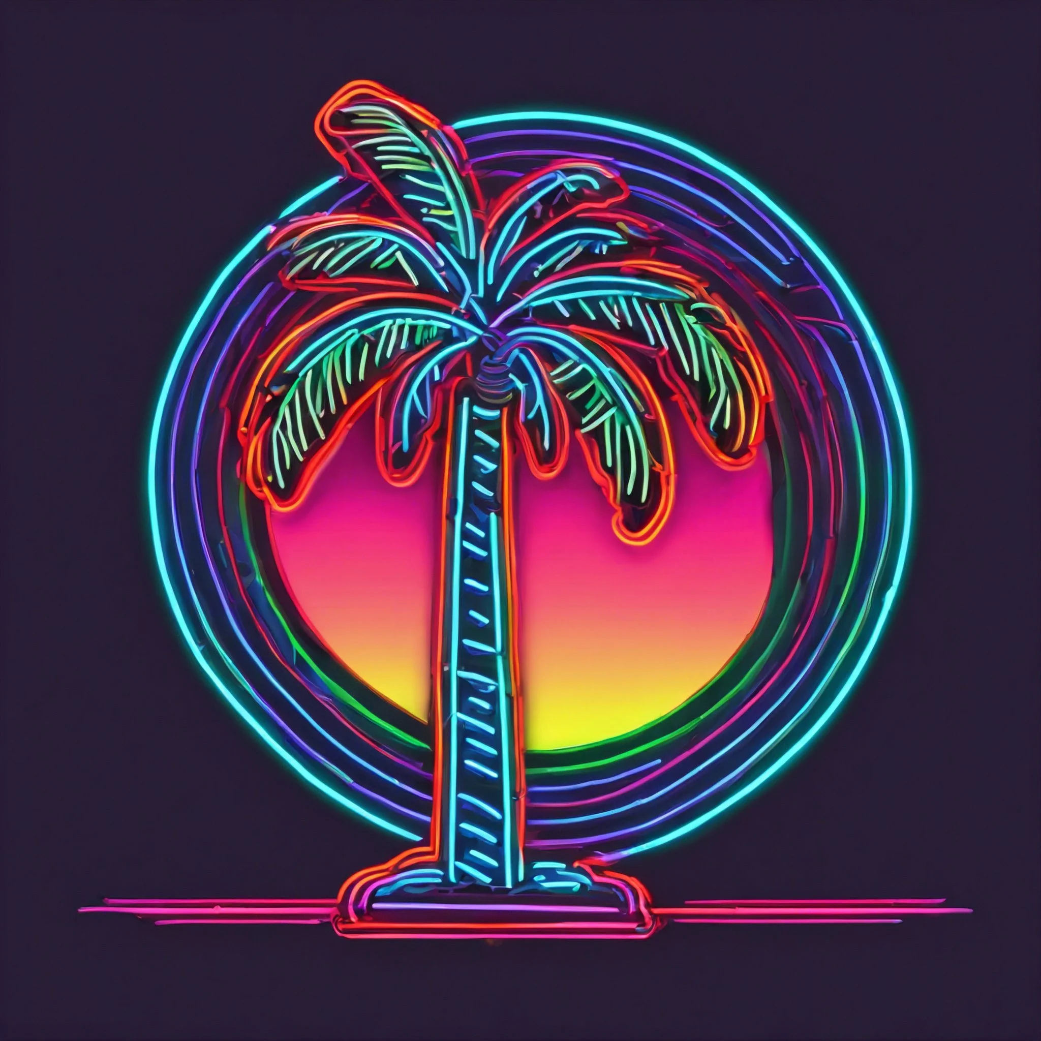Bright neon illustration of a palm tree inside a round frame against a dark background.