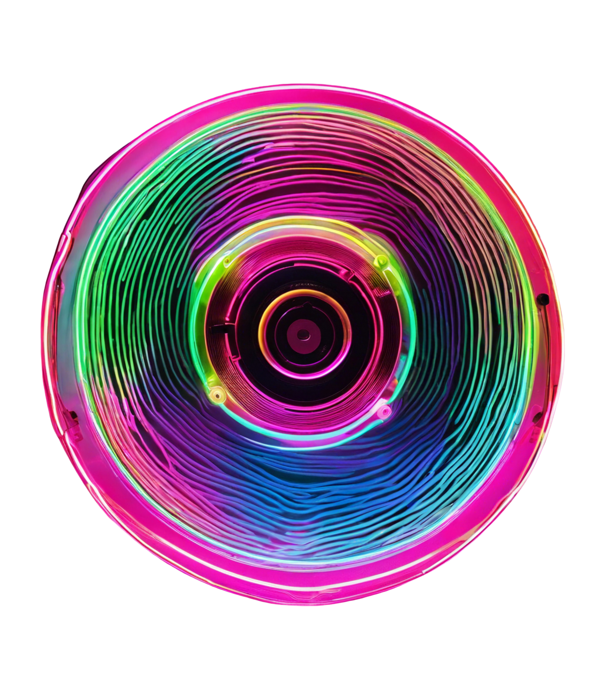 Colorful neon-lit circular object with concentric rings and lines on a black background.