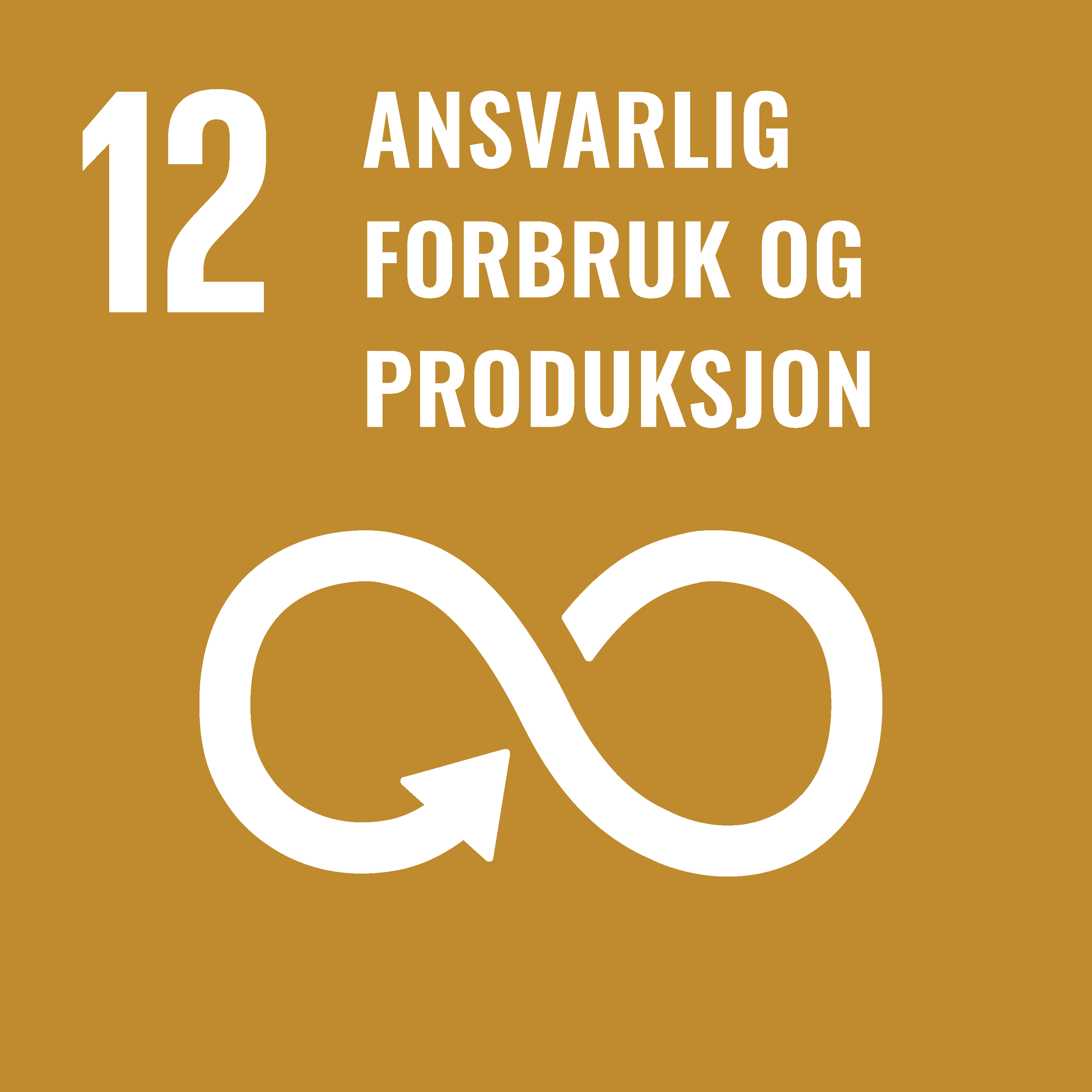 Gul bakgrunn med hvit tekst som sier "12 Ansvarlig Forbruk og Produksjon".