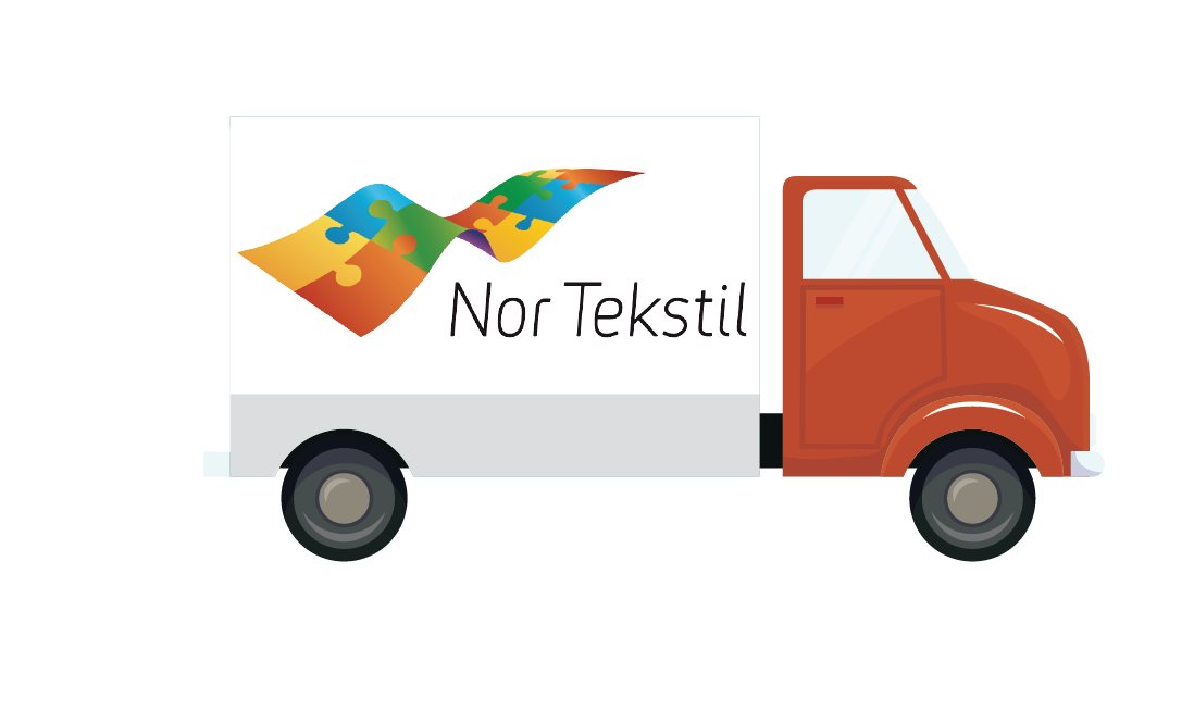 Illustrasjon av en lastebil med logo og navn 'Nor Tekstil' på siden