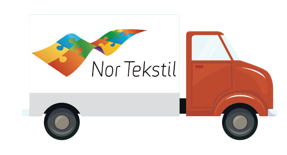 En lastebil med logo for Nor Tekstil og et fargerikt, bølgende design.