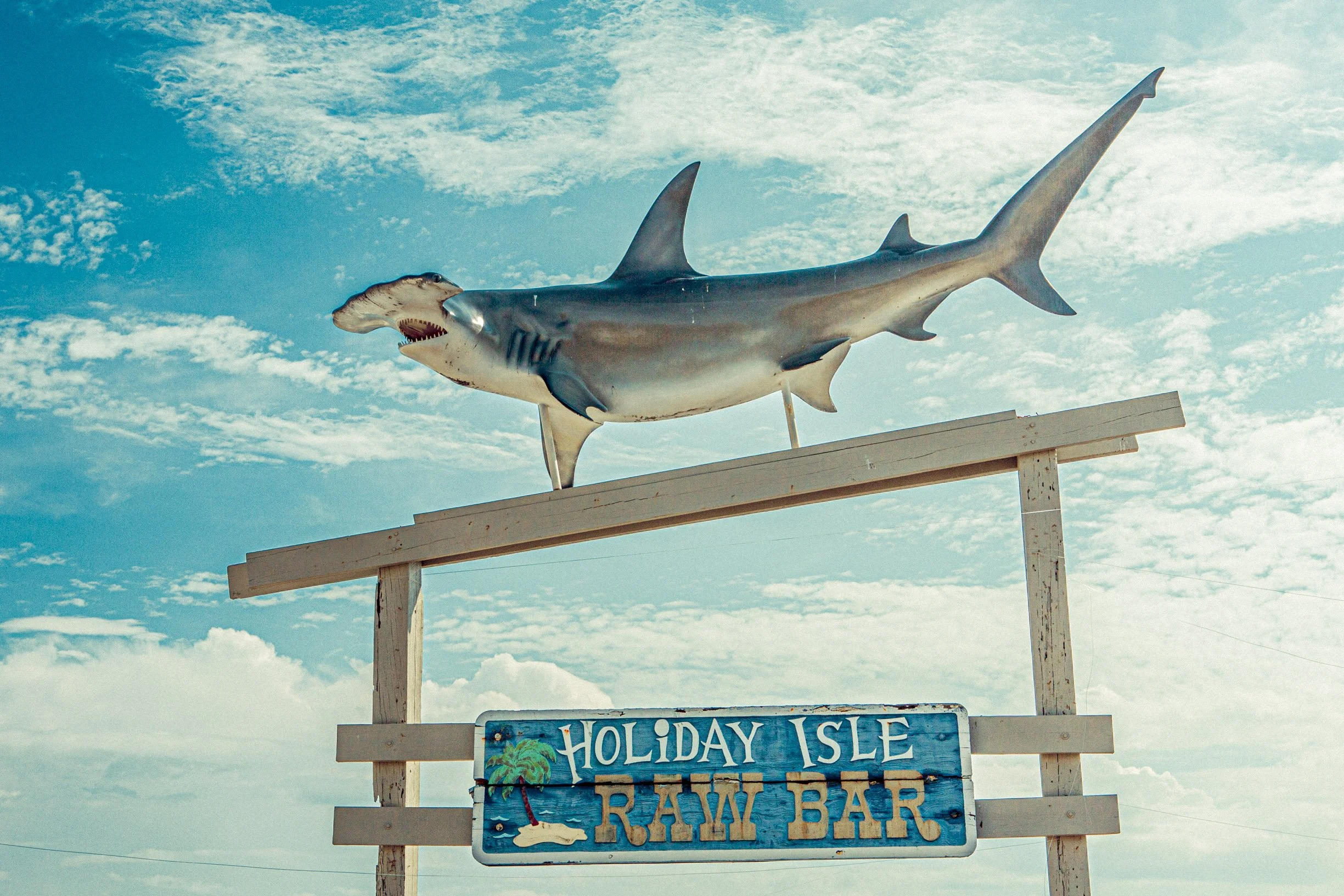 Une sculpture en forme de requin fixée sur un panneau en bois avec un panneau en dessous indiquant 'Holiday Isle' et un bar à fruits rouges. Le ciel est partiellement nuageux.
