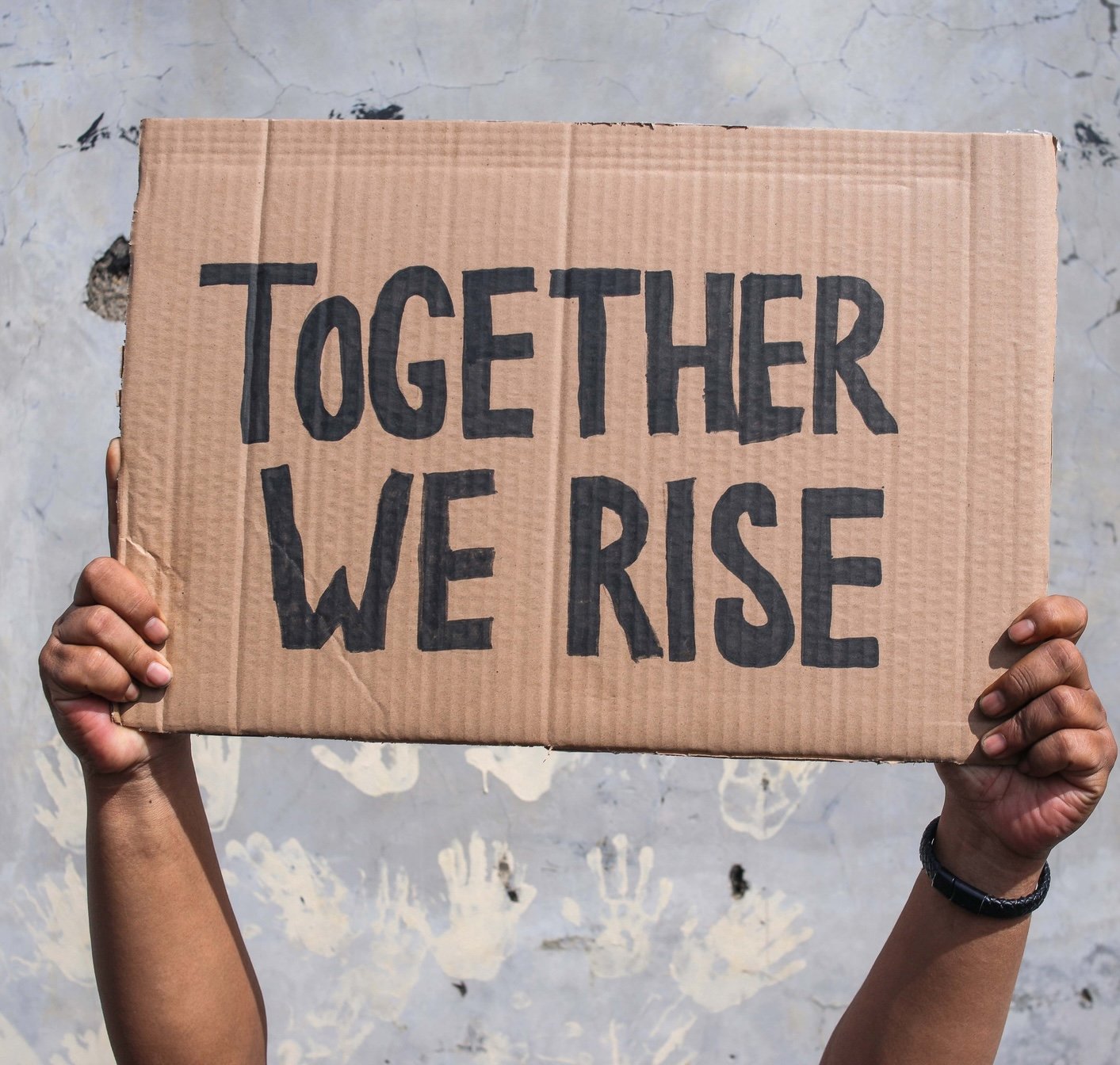 Person holding a cardboard sign with the words "Together We Rise" written in black marker, standing in front of a weathered wall.