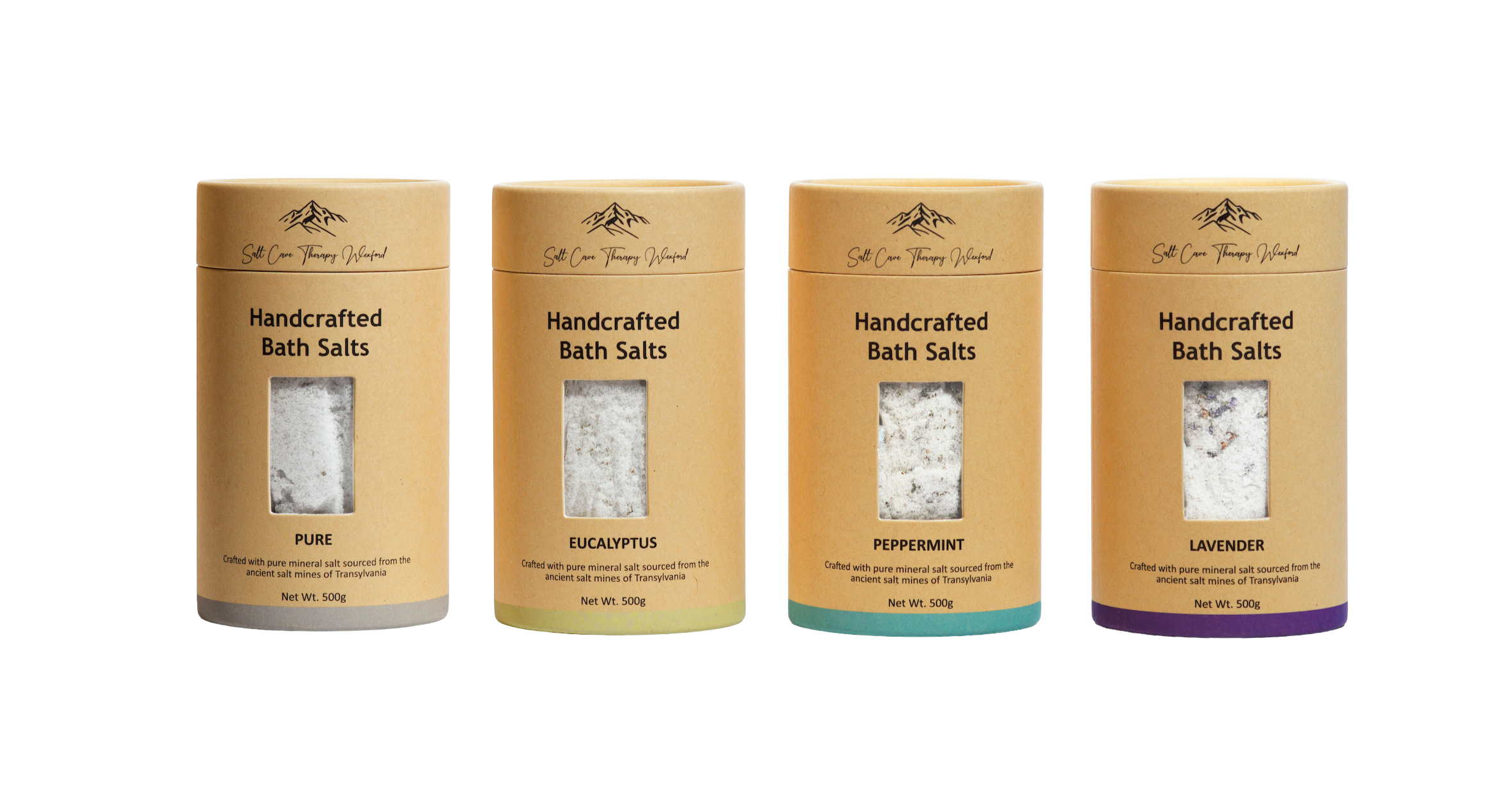 Four cylindrical containers of Salt Cave Therapy Bath Salts bath labeled Pure, Eucalyptus, Peppermint, and Lavender, with logo at the top.