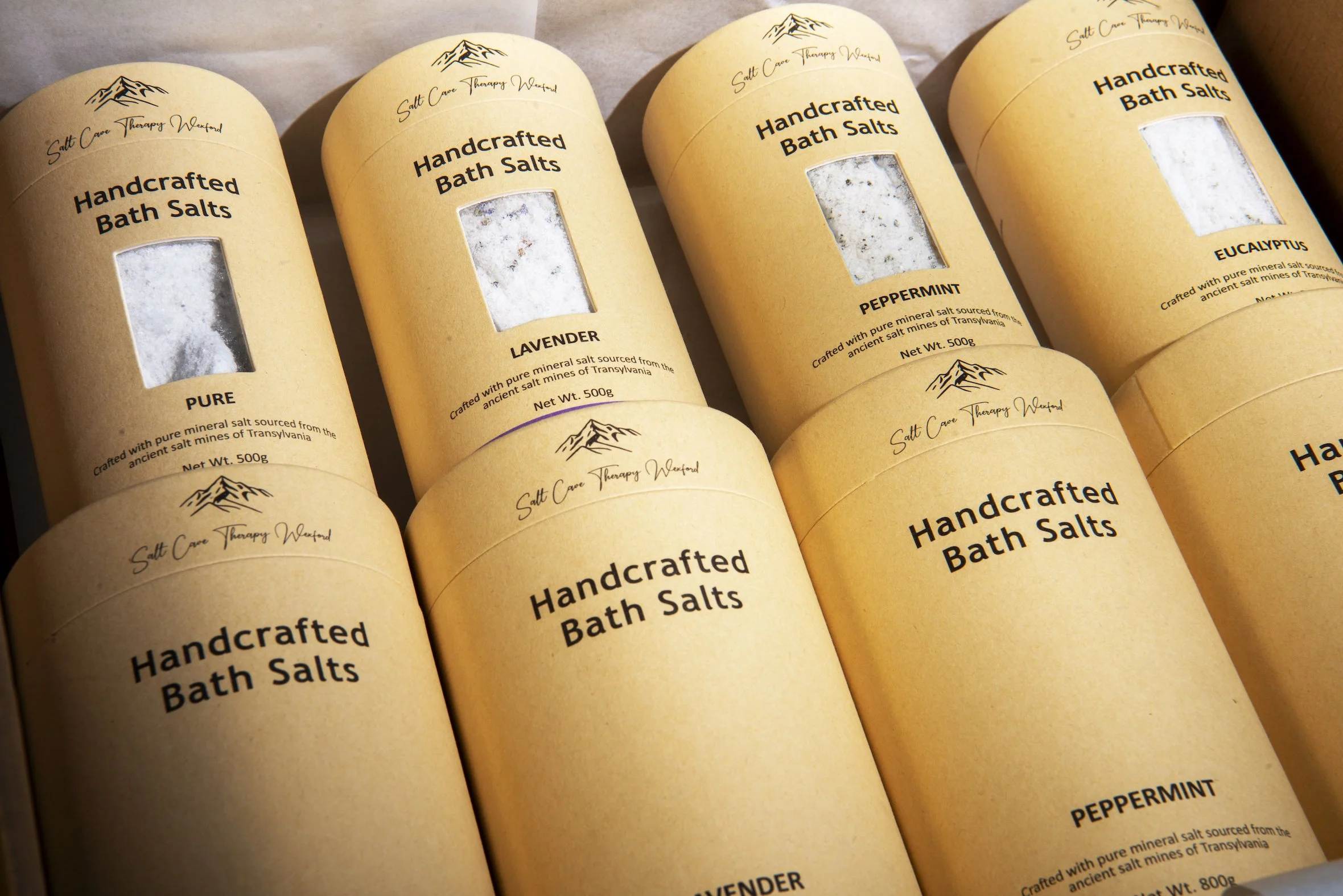 Salt Cave Therapy Wexford Bathsalts in elegant boxes. Product options are pure, lavender, peppermint, and eucalyptus.