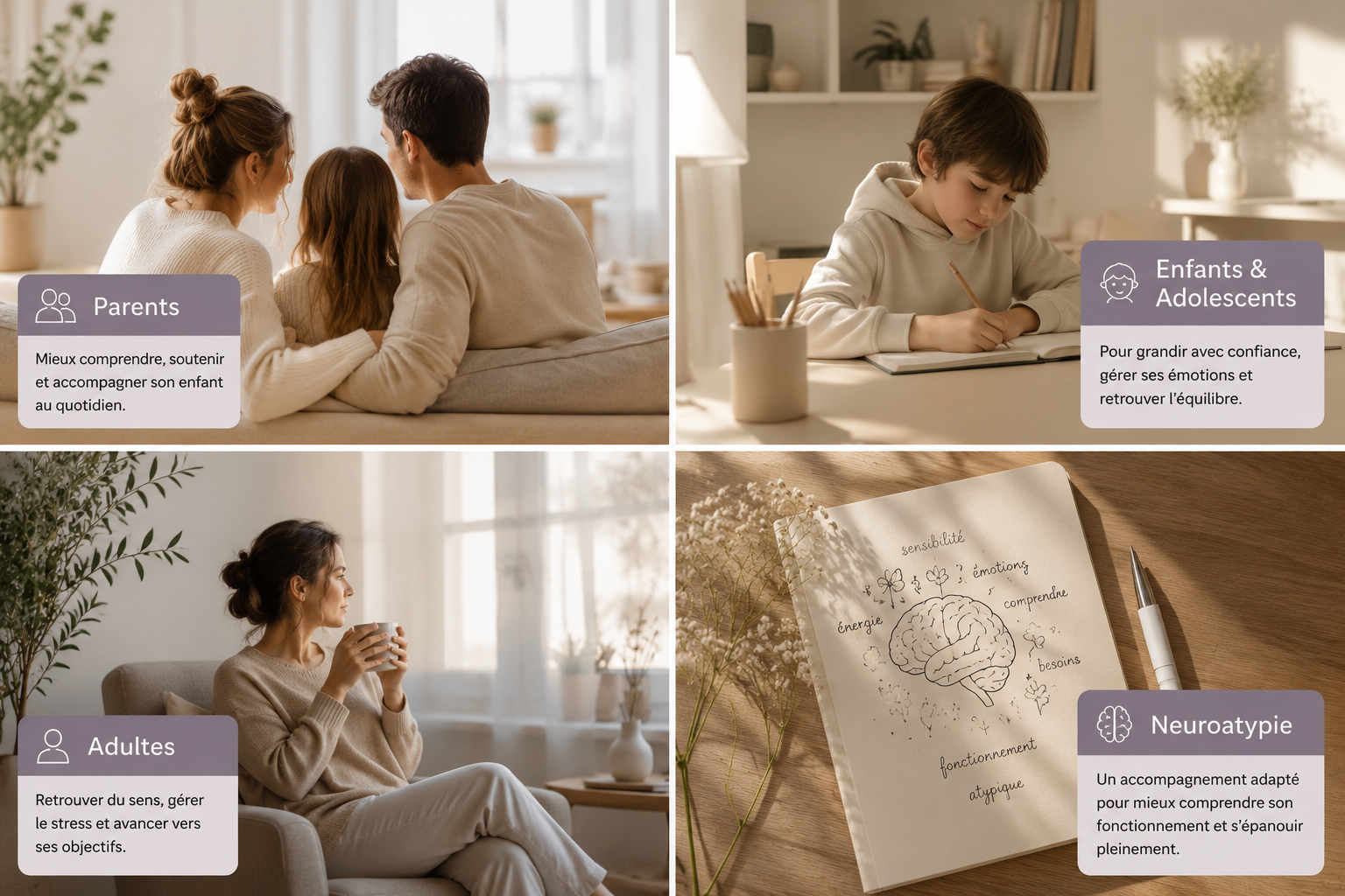 Une famille discute dans un salon, une adolescente écoute une femme qui parle, une femme boit une tasse de café en regardant par la fenêtre, et une page avec un cerveau dessinée est ouverte sur une table, illustrant des thèmes de bien-être mental.