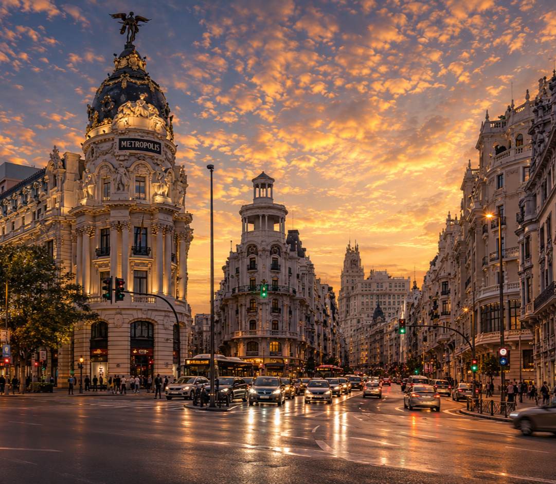 Vista de la ciudad con edificios históricos y tráfico al atardecer con cielo nublado anaranjado.