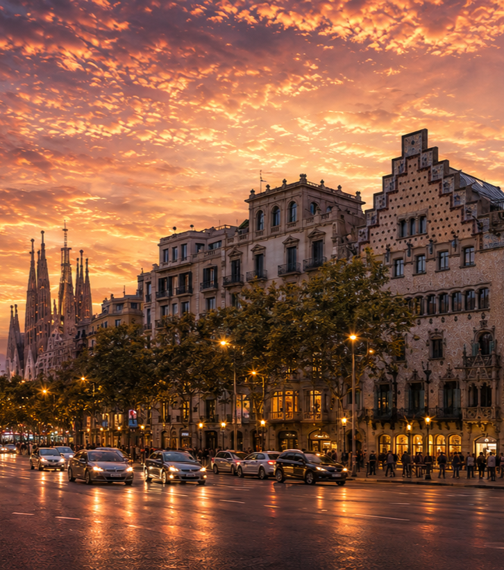 Calle de Barcelona con coches, árboles y edificios históricos al atardecer con cielo nublado anaranjado.