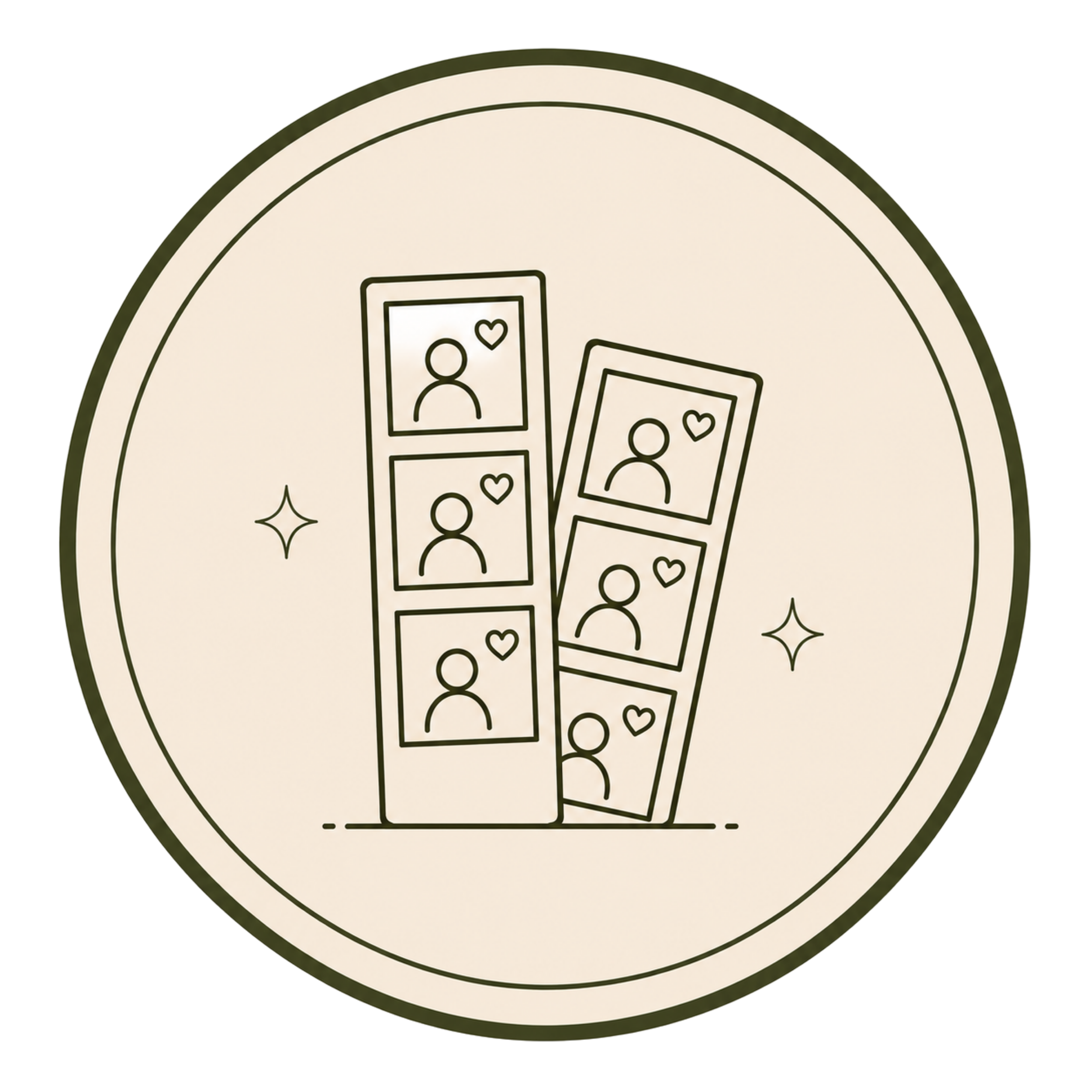 Illustration of a circular design with line art of photos, hearts, and sparkles inside.