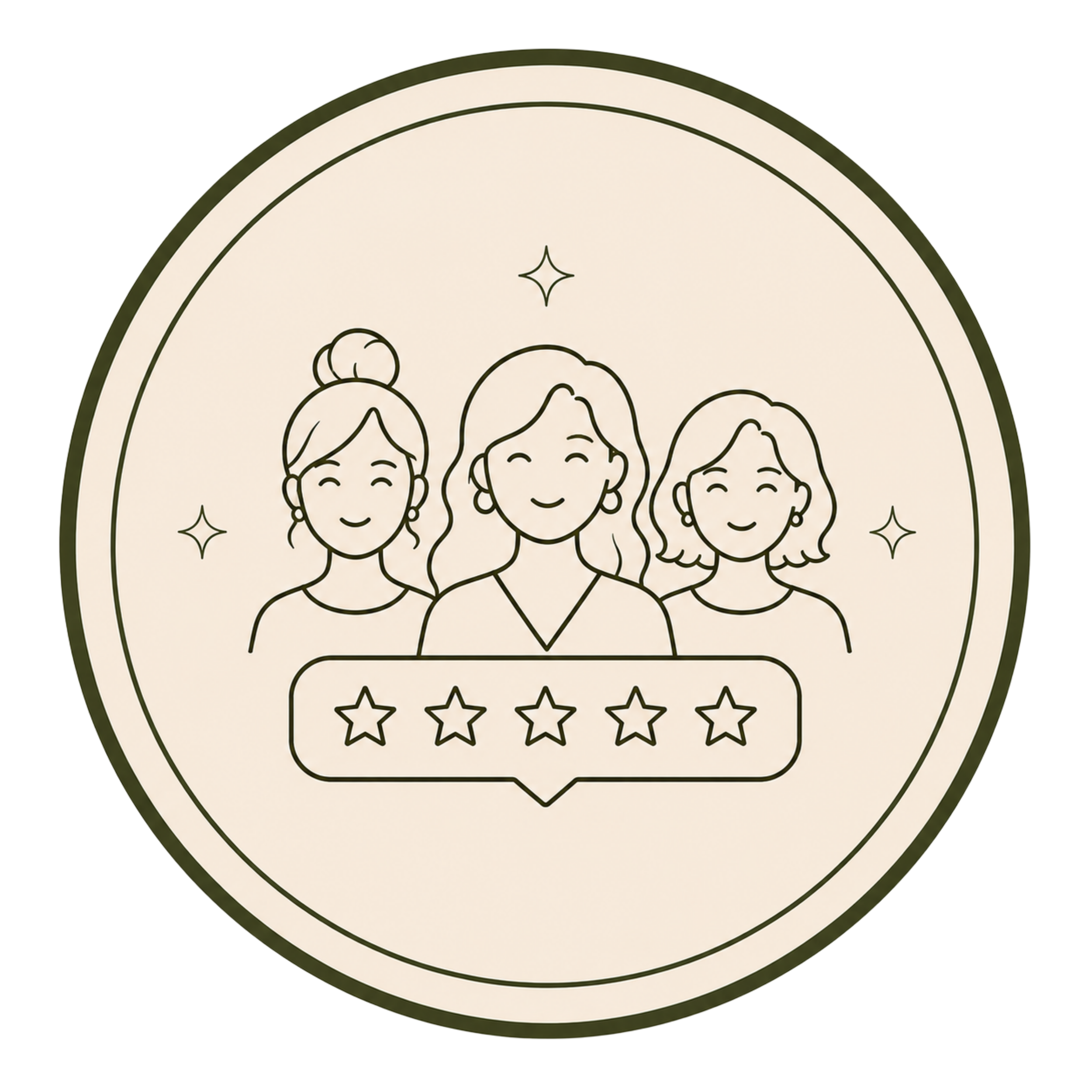 Black and white illustrated sticker featuring three smiling women with different hairstyle and jewelry, surrounded by stars and decorative elements.