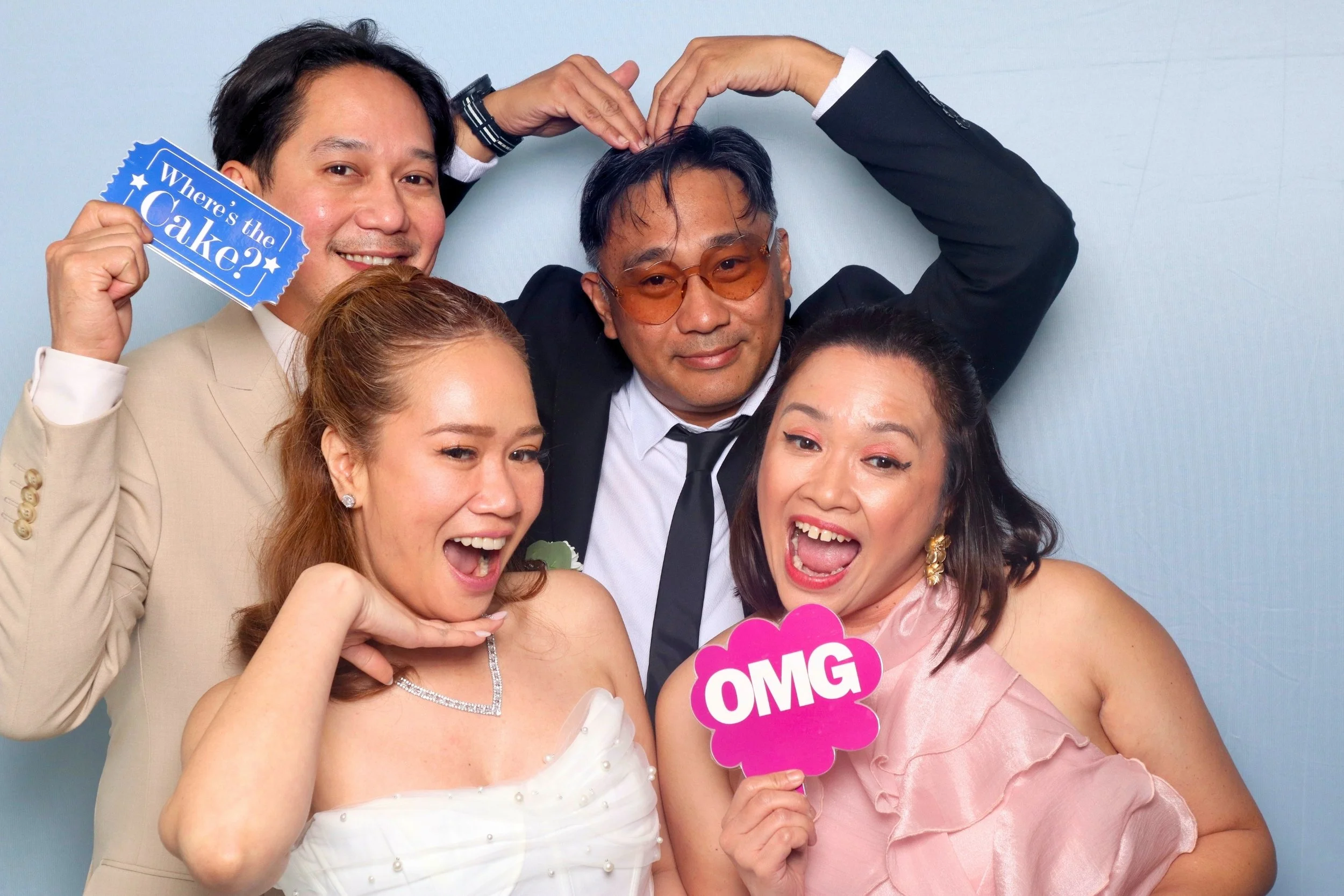 Bride & groom with couple friends looking flawless and having a blast when they hired the photobooth as their wedding entertainment. Props were customized and they all looked very much in love. Small intimate wedding antica