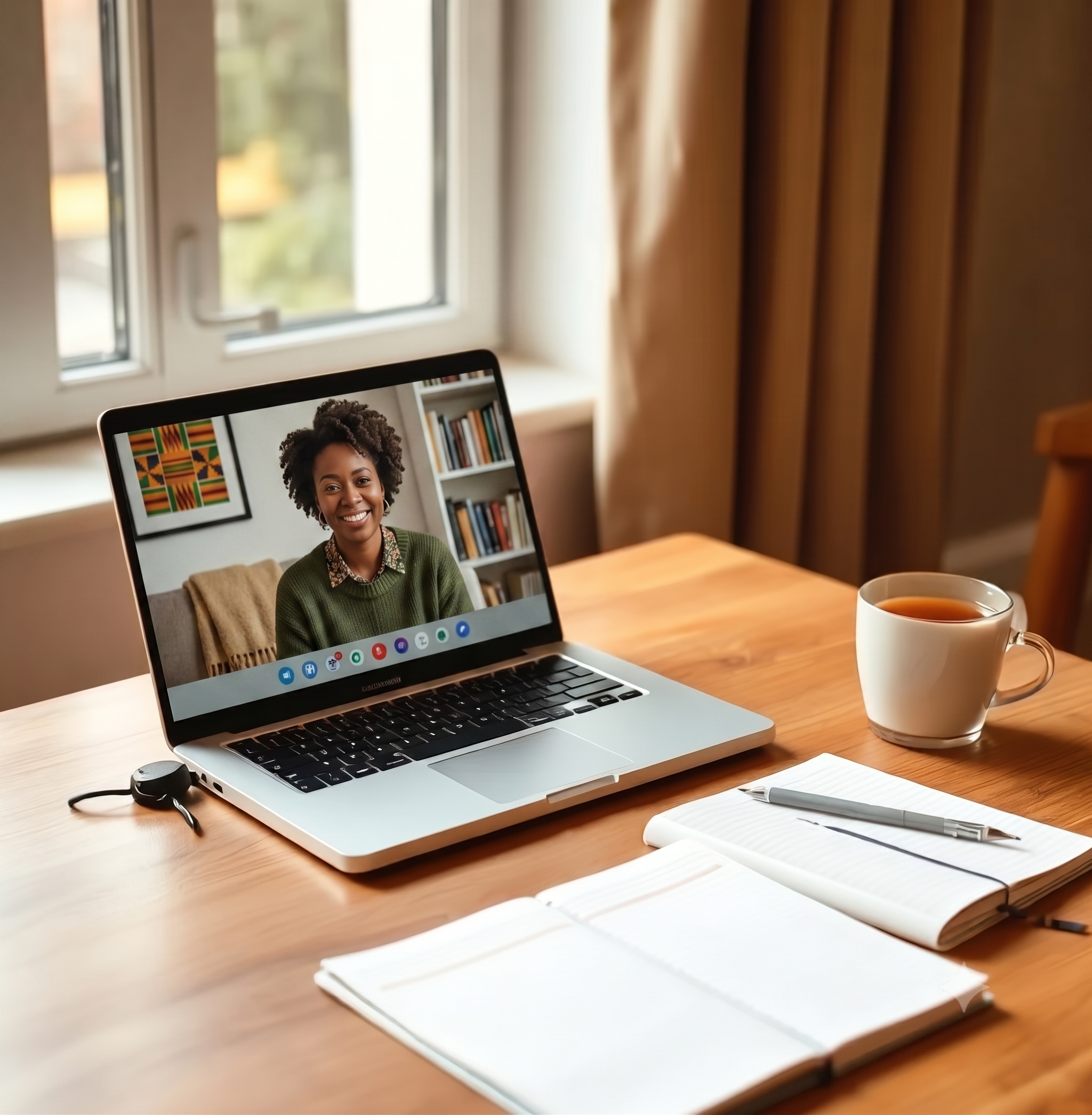 Laptop displaying a virtual psychological evaluation beside a notebook and cup of tea.