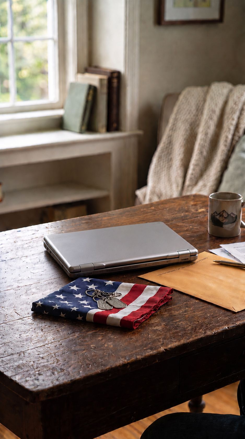 Folded American flag, laptop, documents, and coffee arranged on a wooden table.