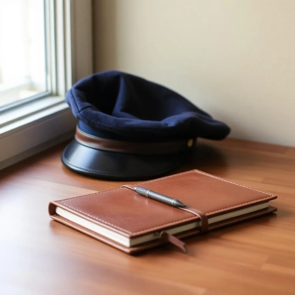 Police uniform cap beside a notebook and pen, representing public safety psychological evaluations.