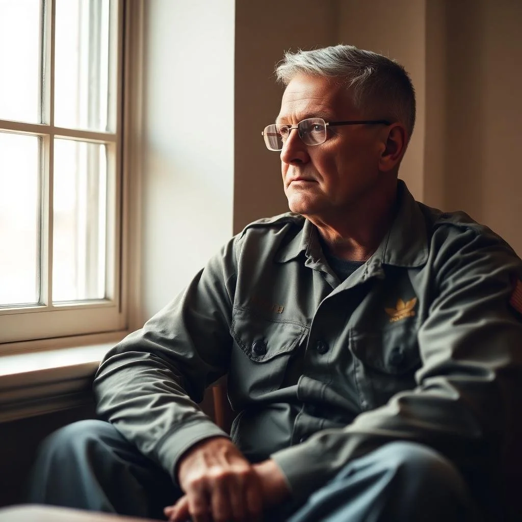 Man seated thoughtfully beside a window, representing a veteran seeking a psychological evaluation.