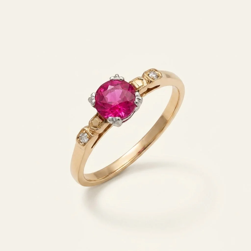 Gold ring with a Ruby and small diamonds on a white background.