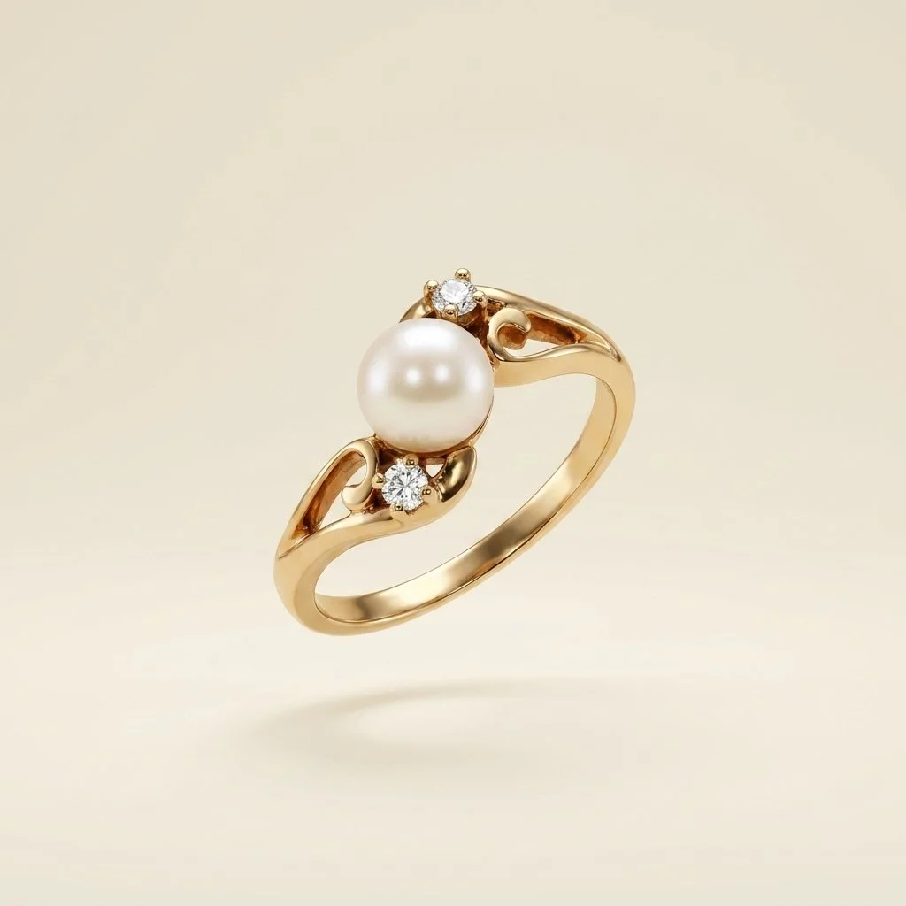 Gold ring with a large pearl and small diamonds on a light background.
