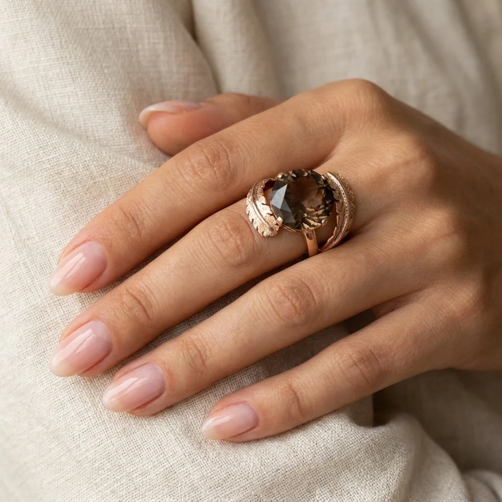 Close-up of a hand with a large dark gemstone ring on the ring finger, featuring a rose gold band and decorative setting, resting on a beige fabric surface.