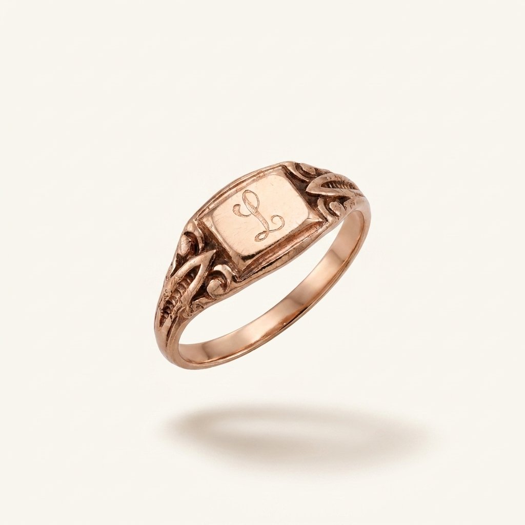 Close-up of a vintage gold ring with a rectangular face and engraved initial 'L', intricate scrollwork on the band, against a cream background.