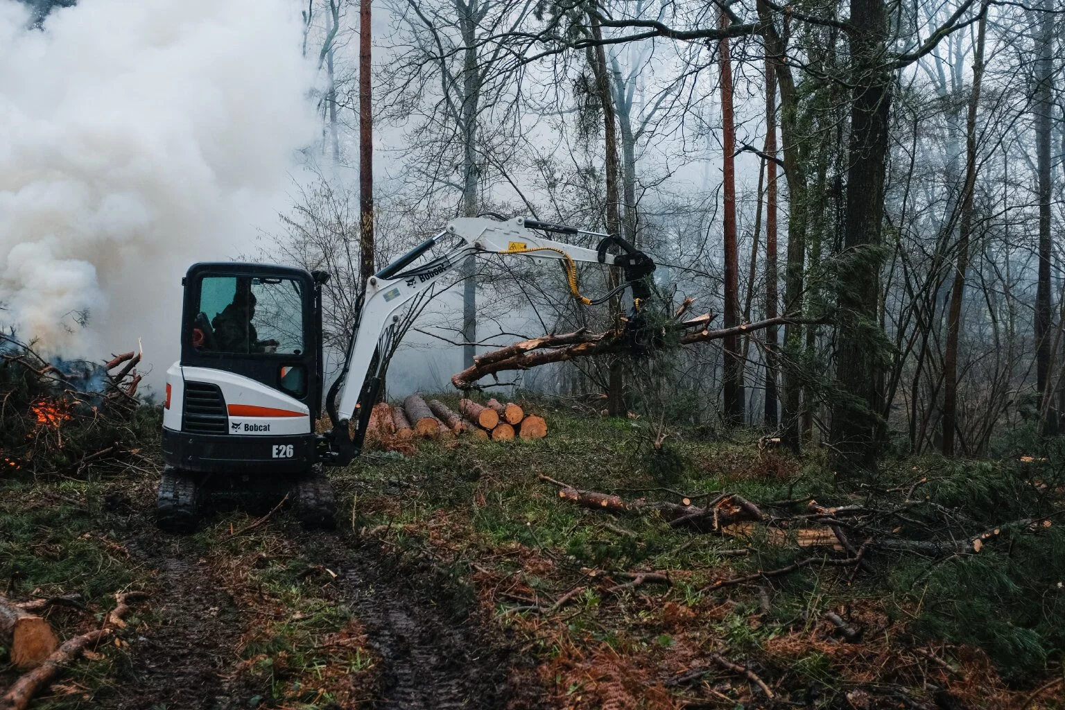  The Wild Sussex mini digger working through the piles of brash. 