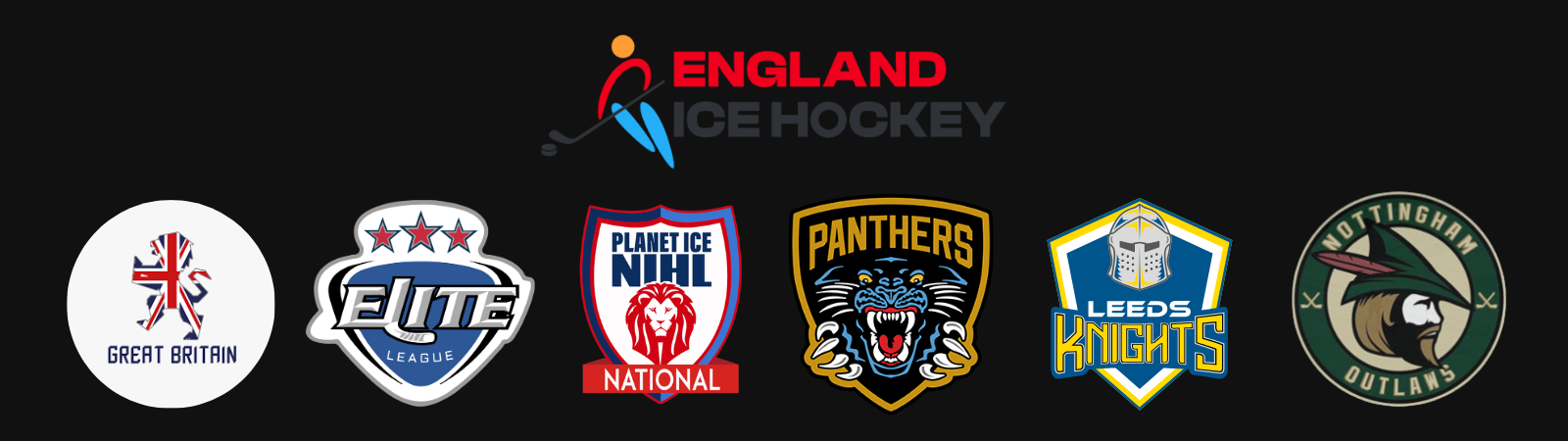 Logo collage of England Ice Hockey teams including Great Britain, Elite League, Planet Ice NHL, Panthers, Leeds Knights, Nottingham Outlaws, and the England Ice Hockey emblem.