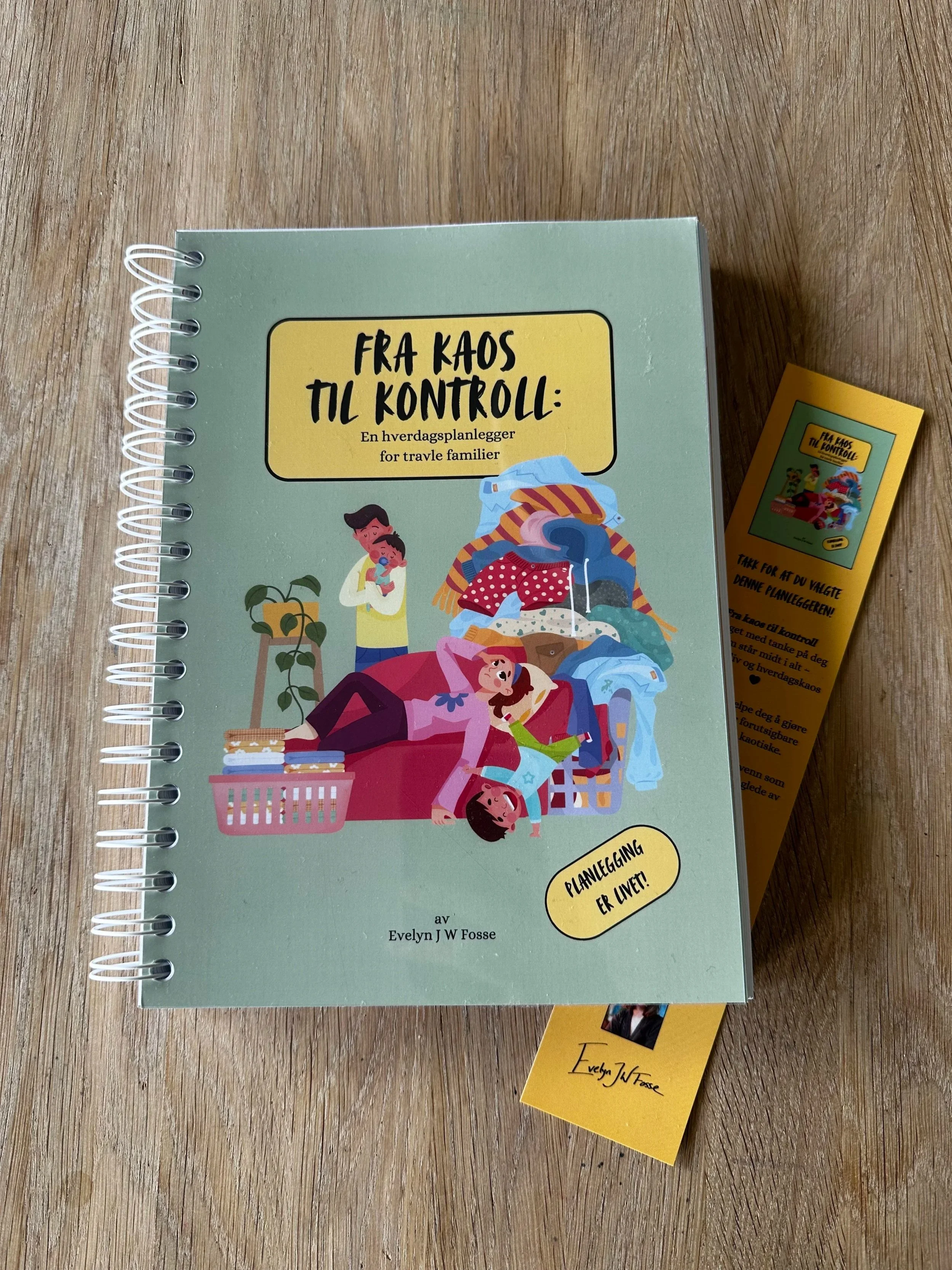 Bok med tittelel «Fra kaos til kontroll: En hverdagplanlegger for travle familier». På omslaget er det illustrasjoner av en familie som rydder opp i et rotete rom. Det ligger klær og gjenstander overalt, og to voksne og tre barn er avbildet i kaoset.