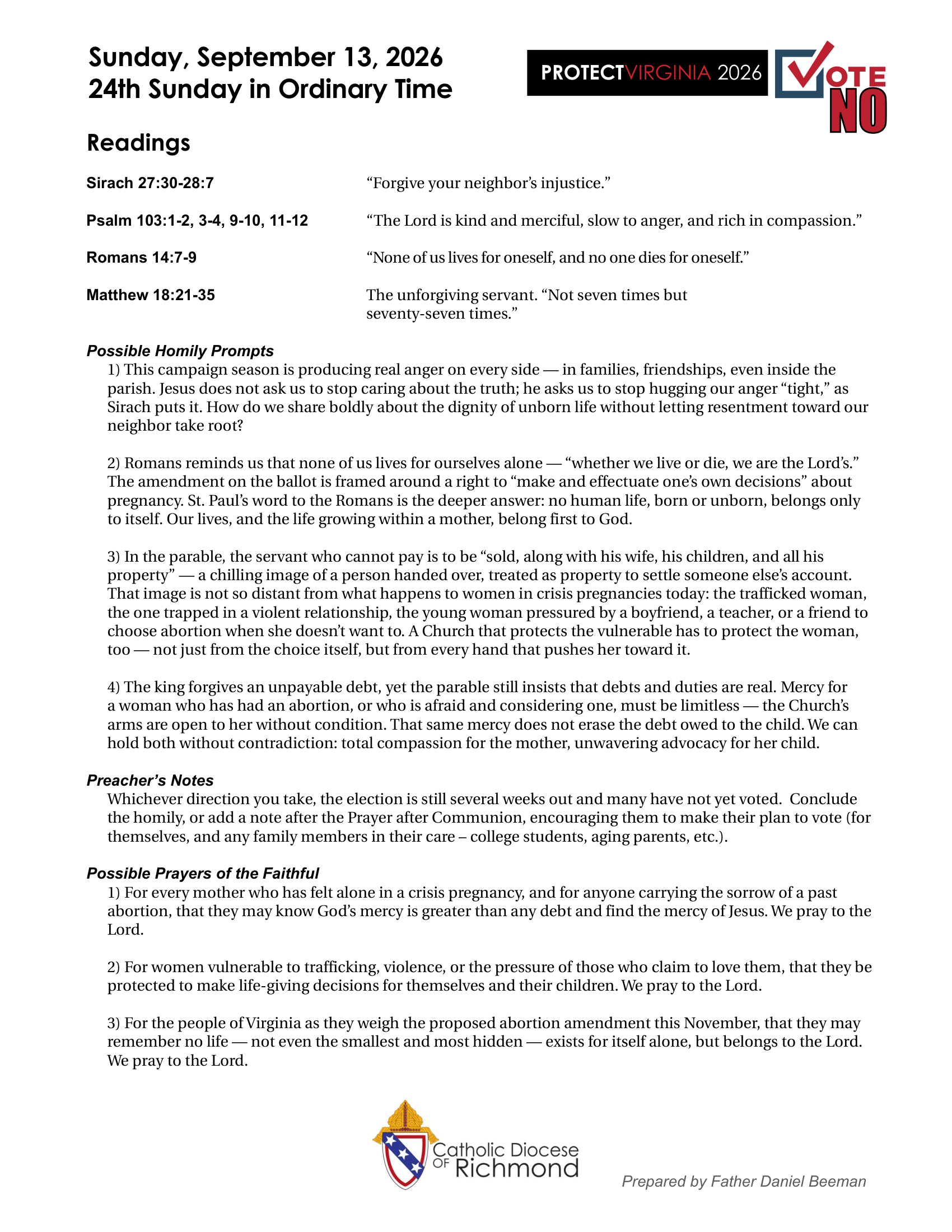 A parish resource for opposing Ballot Question One the abortion amendment. It includes scripture readings, homily prompts, and prayers. The bulletin features a logo of the Catholic Diocese of Richmond and is prepared by Father Daniel Beeman.