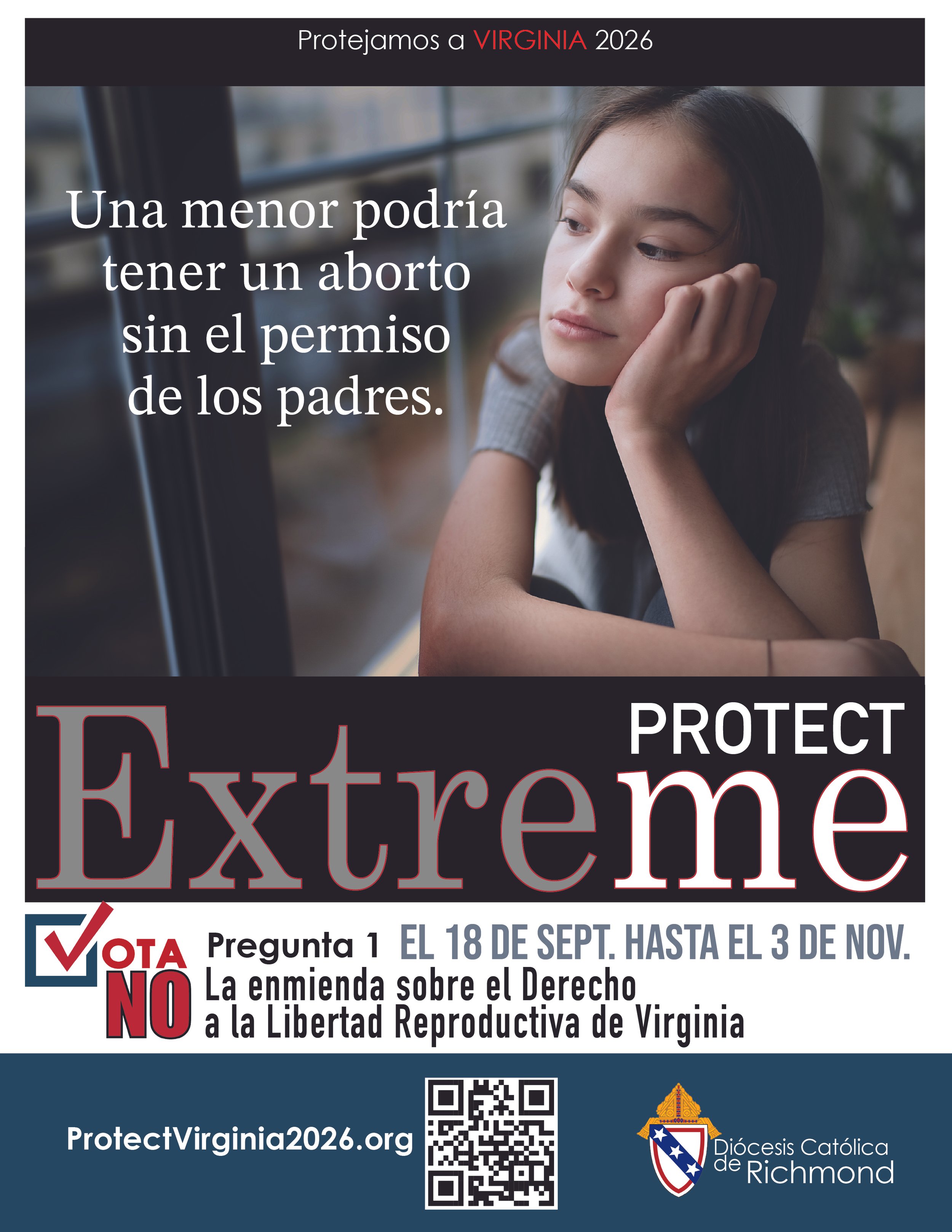 A political protest sign advocating against an abortion ban in Virginia, featuring a woman resting her face on her hand, with text discussing abortion rights and voting information in Spanish.