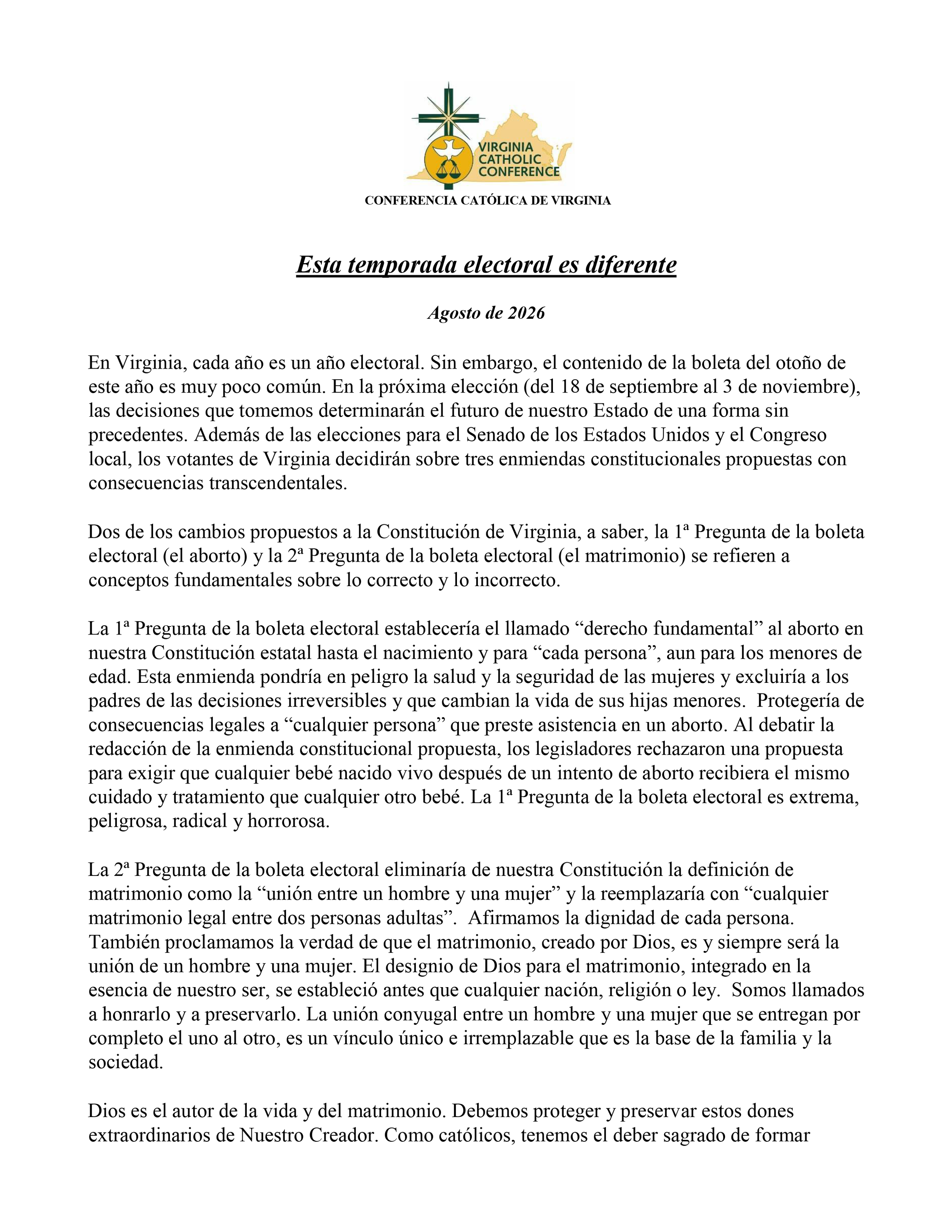 Carta titulada «Los obispos de Virginia se Esta temporada electoral es diferente"». Contiene un mensaje de los obispos de Arlington y Richmond en el que expresan su oposición a una enmienda sobre el aborto.