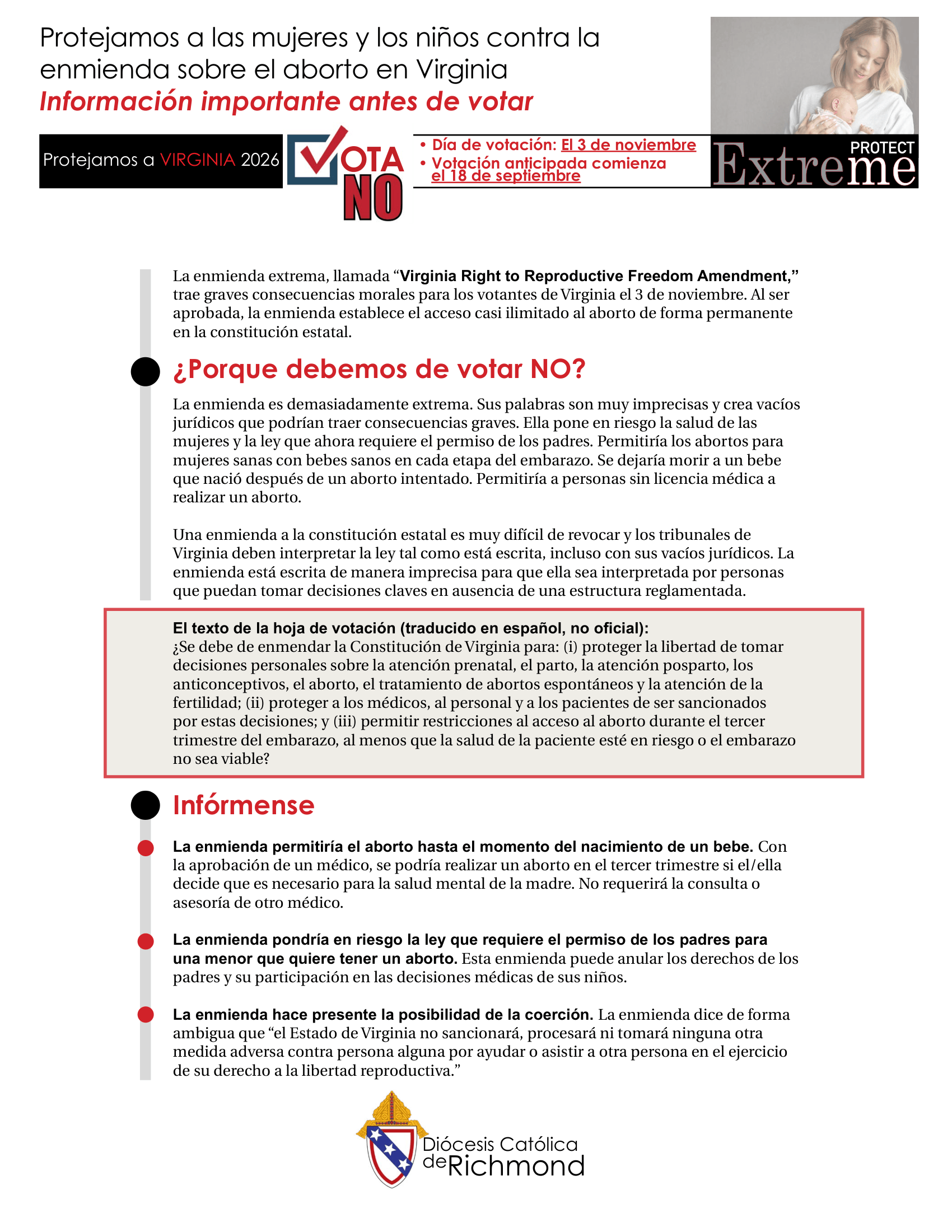 Campaña contra la Pregunta 1 de la boleta electoral: la Enmienda sobre el Aborto en Virginia. Un folleto centrado en la protección de los derechos de las mujeres y los niños, así como en los riesgos de una legislación extrema.