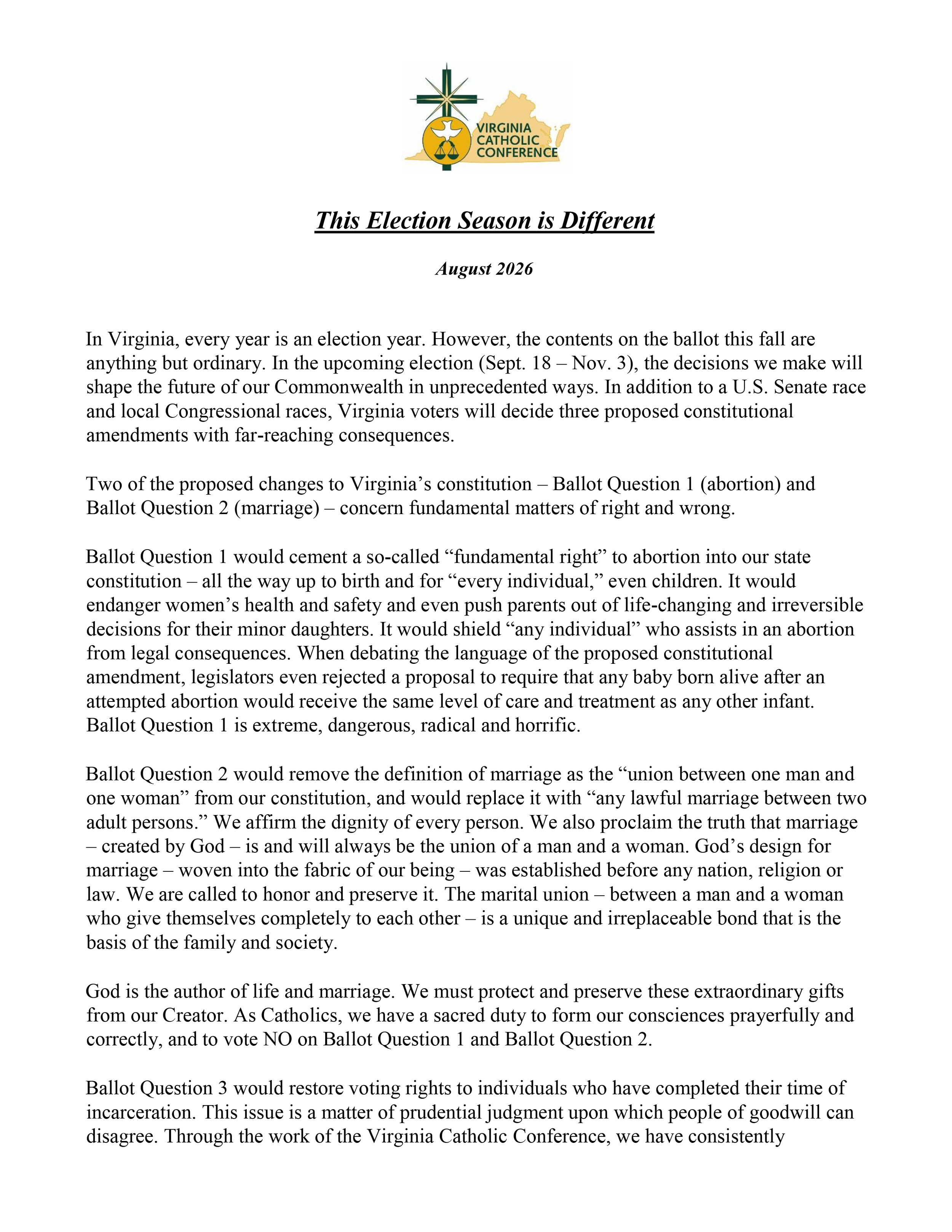 Letter from Virignia Bishops titled, "This Election Season is Different."