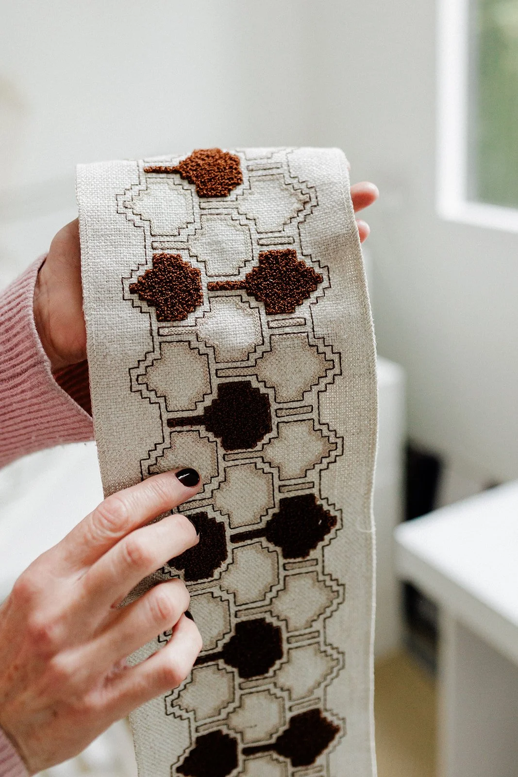 Marelle Trim in Burnt Umber_detail_Victoria Bain Embroidered Textiles