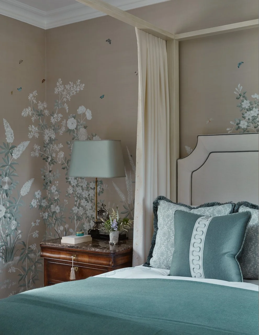 Calista Floral Metal embroidered design on soft wool for four poster bed curtaining treatement
