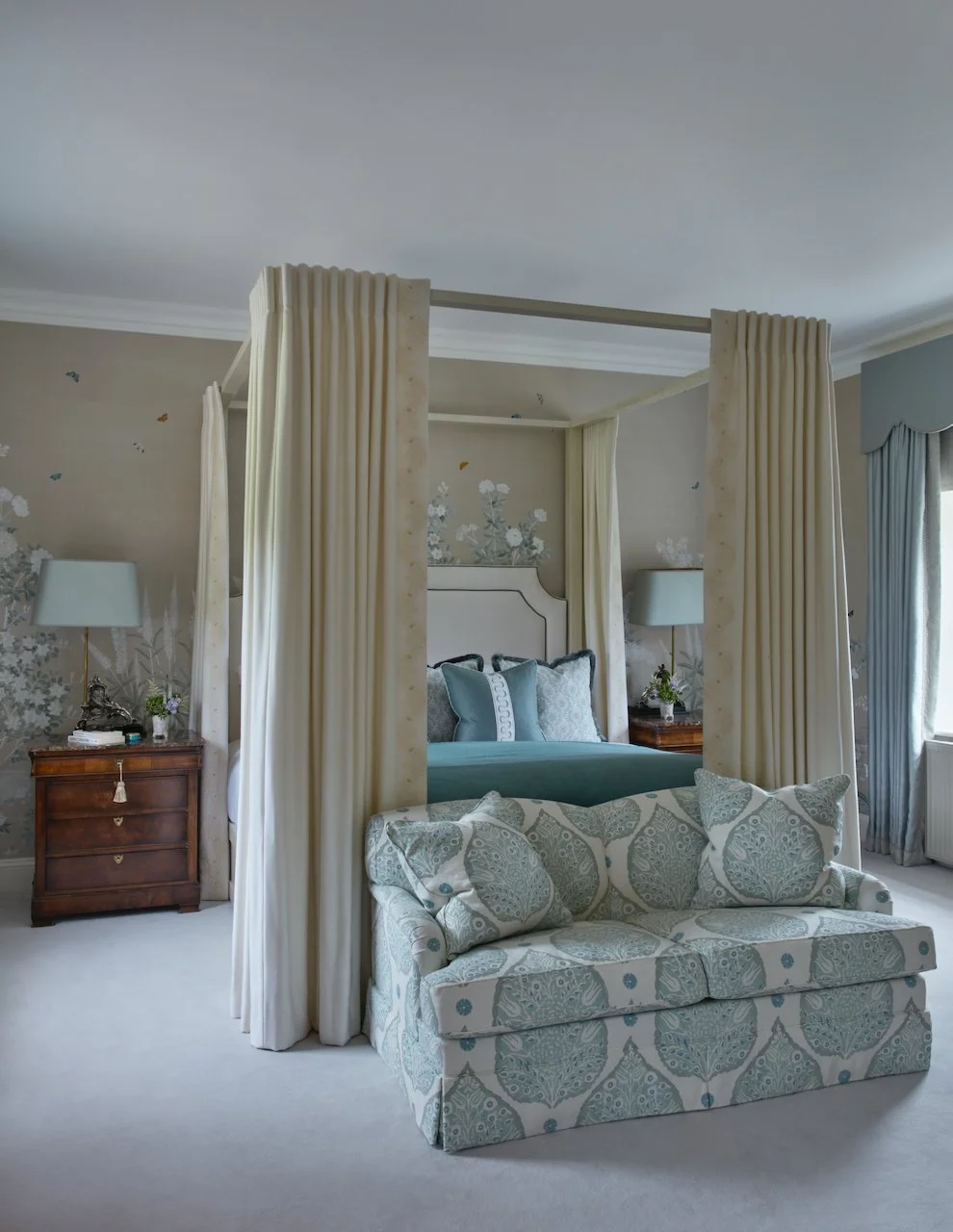 Calista Floral Metal embroidered design on soft wool for four poster bed curtaining treatement