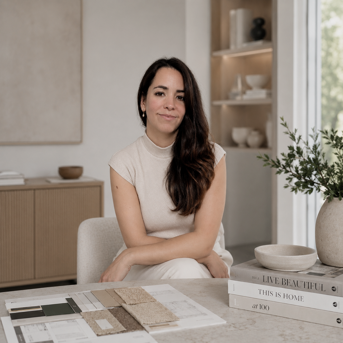 Mujer sentada en una mesa, con muestras de telas y libros de diseño y decoración en un ambiente minimalista y bien iluminado.