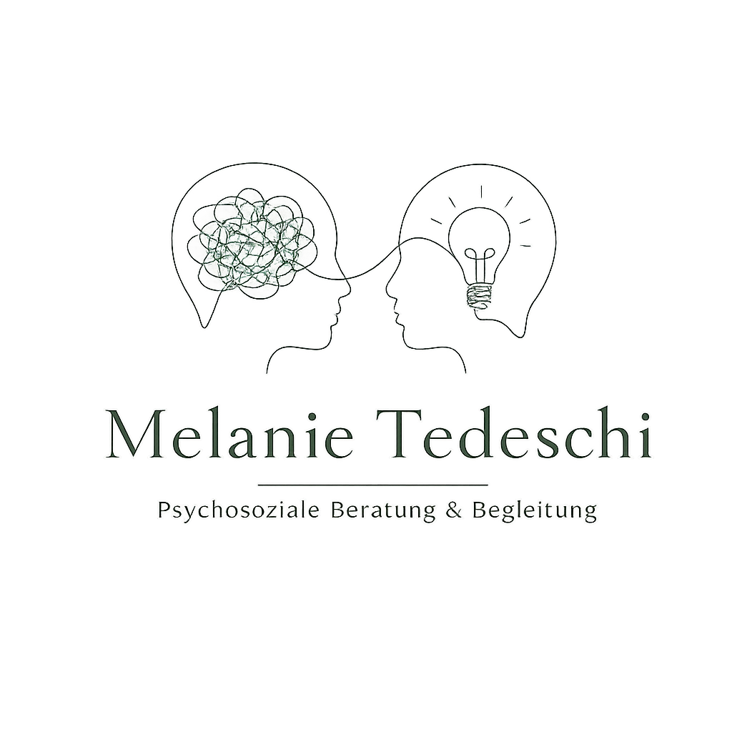Logo mit zwei Köpfen, einer mit einem Gehirn und der anderen mit einer Glühbirne, darunter der Name Melanie Tedeshi und die Berufsbezeichnung Psychosoziale Beratung & Begleitung.