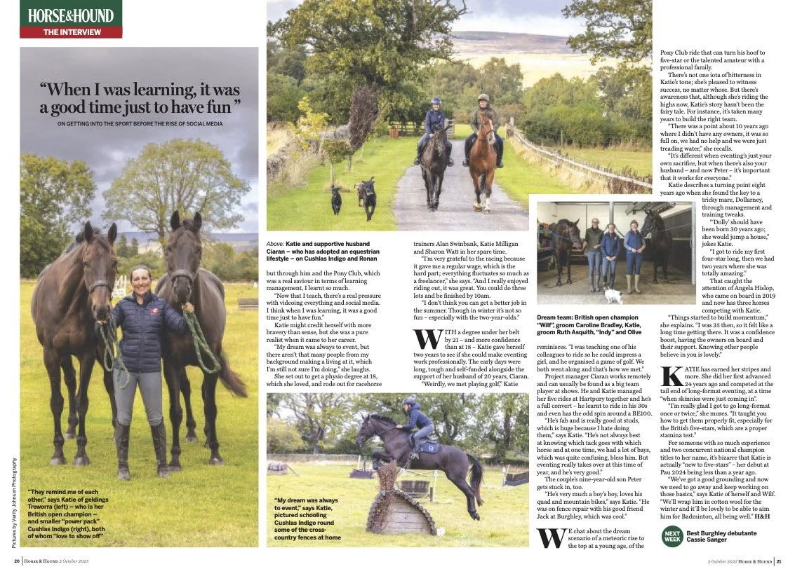 Second double page of the Katie Magee interview featuring copy and images of Katie and her husband riding