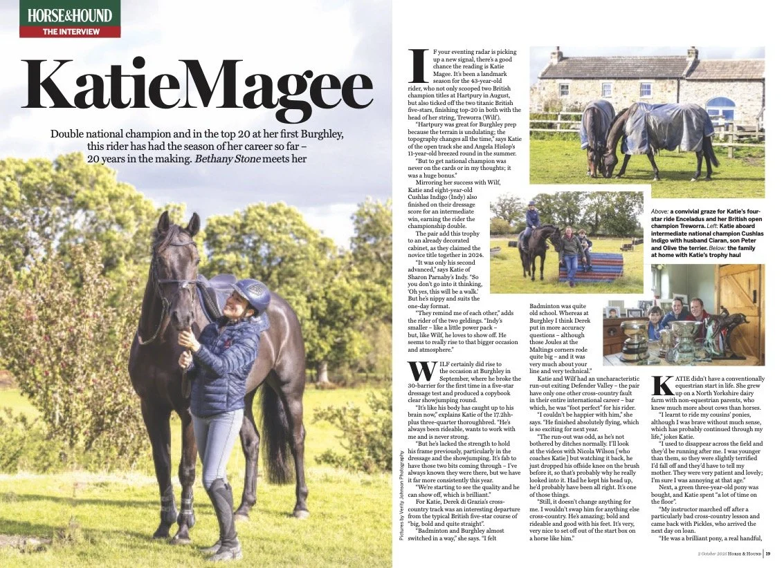 Double spread of an interview with eventer Katie Magee. Left page shows Katie on the ground holding a black horse who is tacked up. Copy and more images of horses and Katie with her husband and son are on the right hand page.