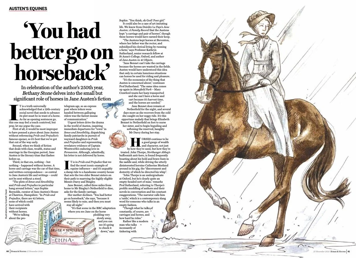 Double page spread of the feature ‘You had better go on horseback’ on Horse & Hound. On the right hand spread is a bay horse ridden side saddle by a woman in Georgian dress