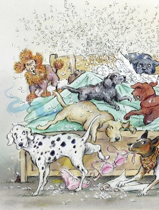 Left hand page of a double page spread featuring an illustration of several dogs of different breeds ripping up a bed