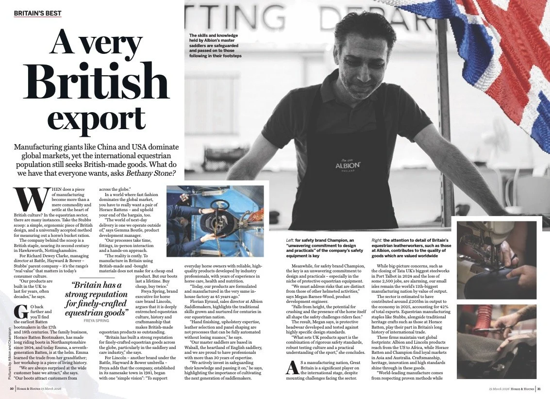 Double page spread of feature ‘A very British export’ in Horse & Hound, with copy and images showing equestrian manufacture