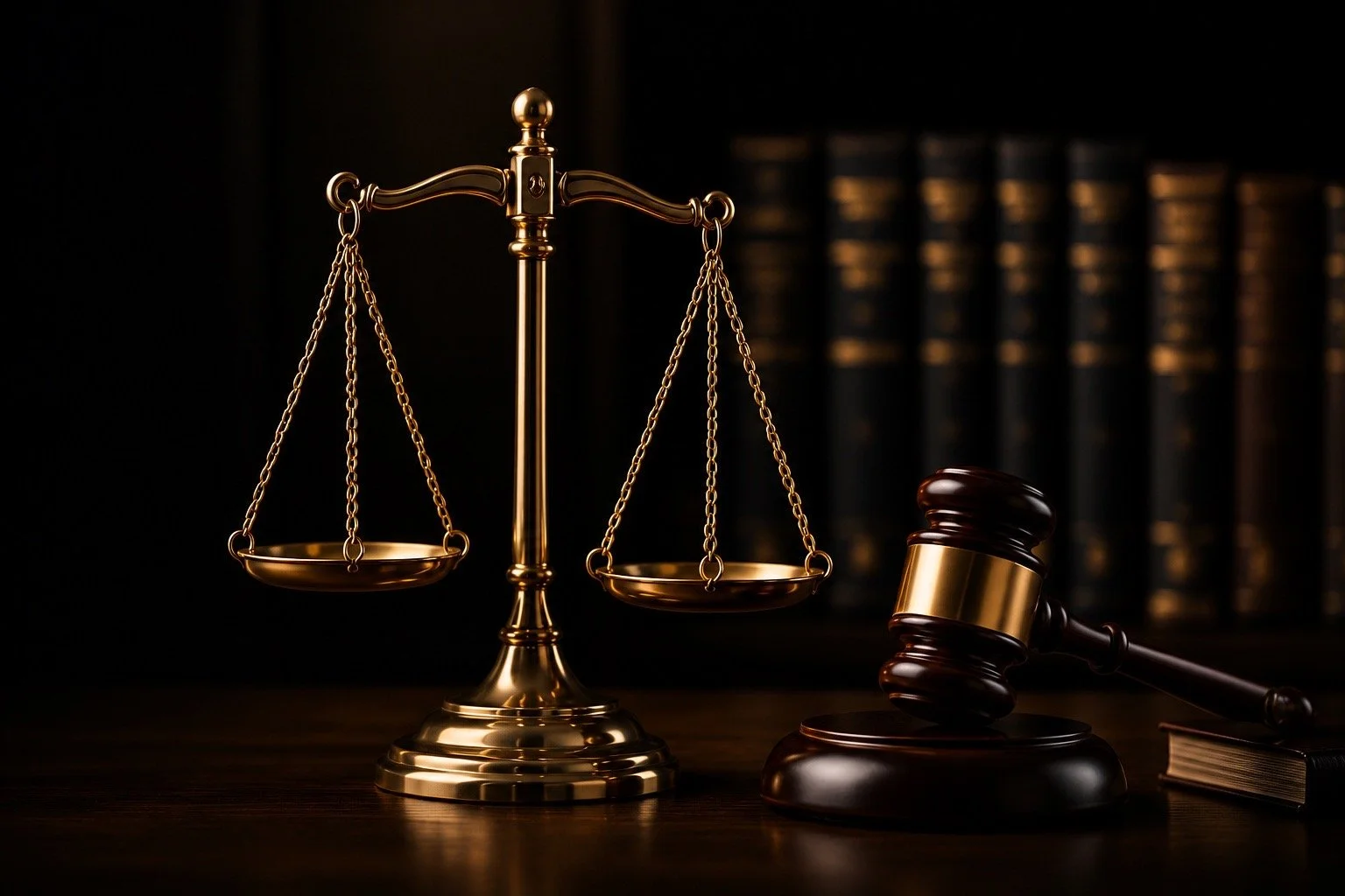 Gold scales of justice, gavel, legal books on dark wooden surface in a law office setting.