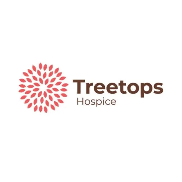 Logo for Treetops Hospice featuring a red floral design and the text 'Treetops Hospice'.