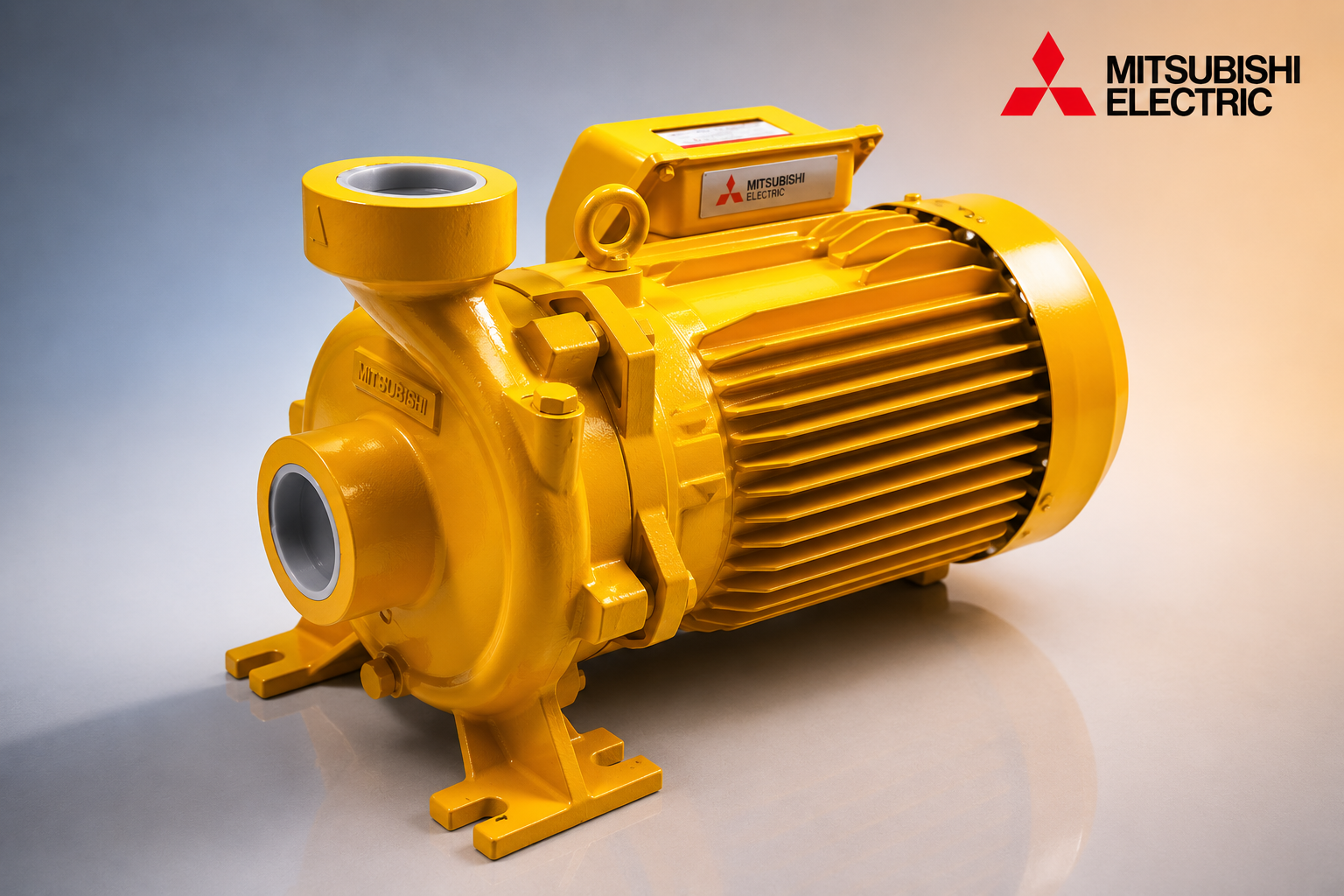 Yellow Mitsubishi Electric industrial motor or pump with cooling fins, on a light surface, with Mitsubishi Electric logo in the upper right corner.