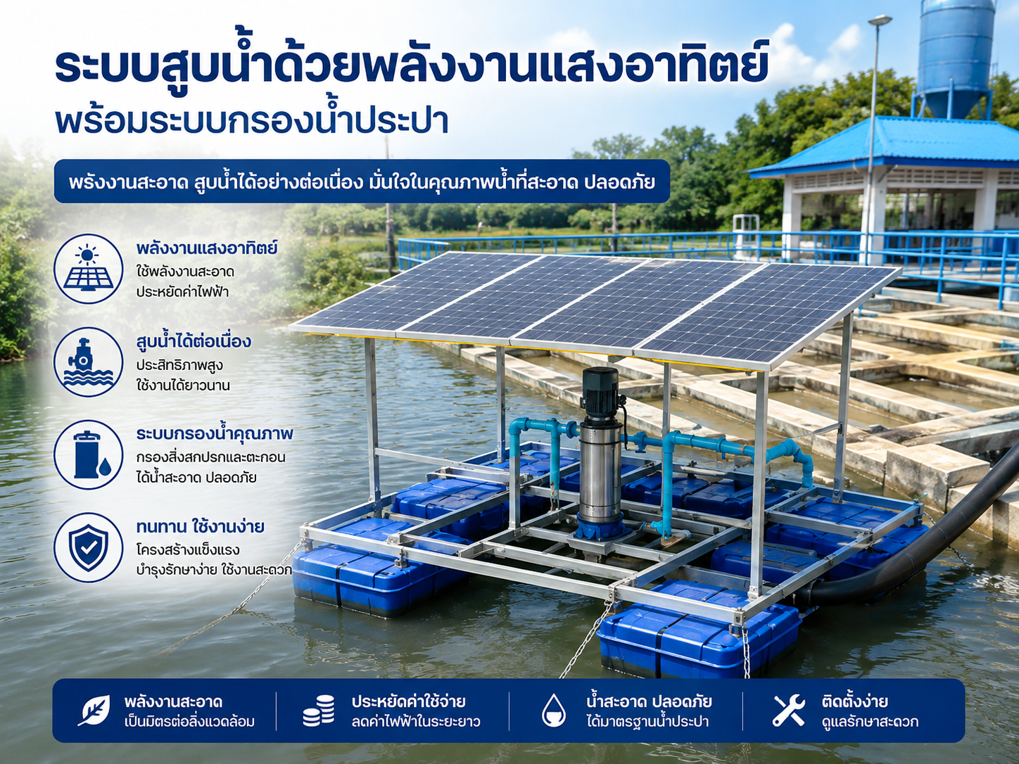 ระบบสูบน้ำพลังงานแสงอาทิตย์ พร้อมระบบกรองน้ำประปา