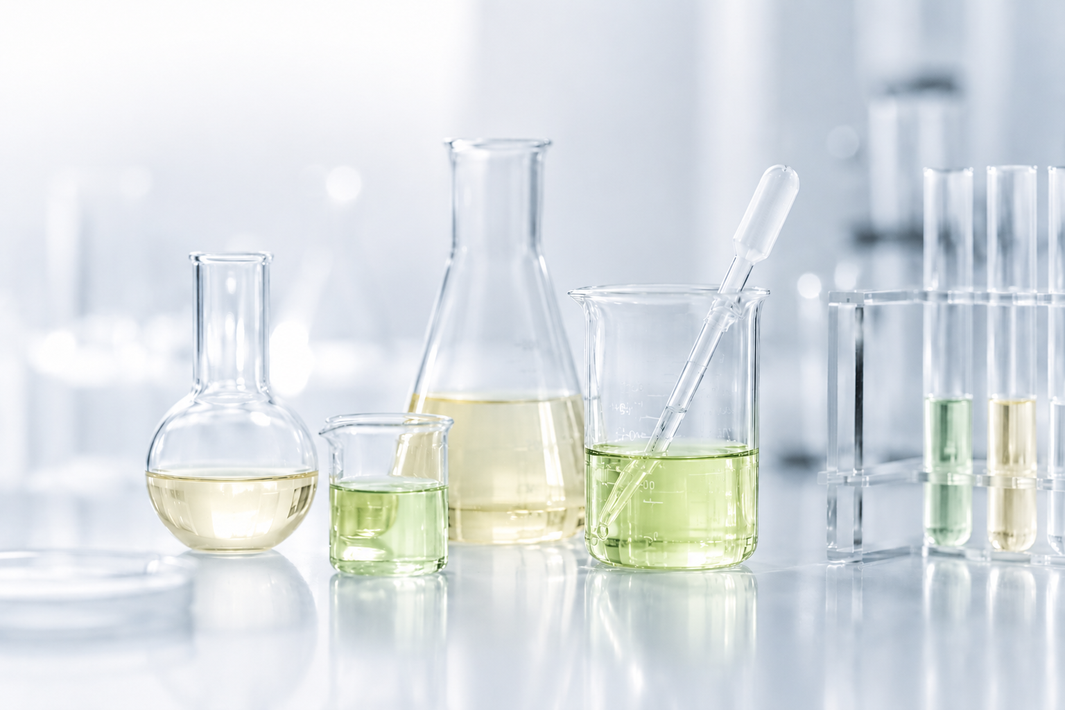 Laboratory glassware with liquids, including beakers, test tubes, and flasks, some with green and yellow liquids, on a white surface.