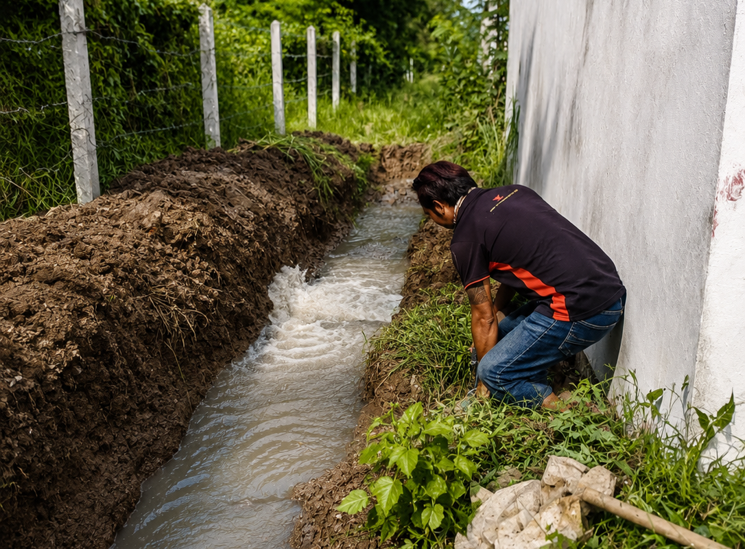 Man crouching next to a small water canal beside a white wall, surrounded by green plants and soil.